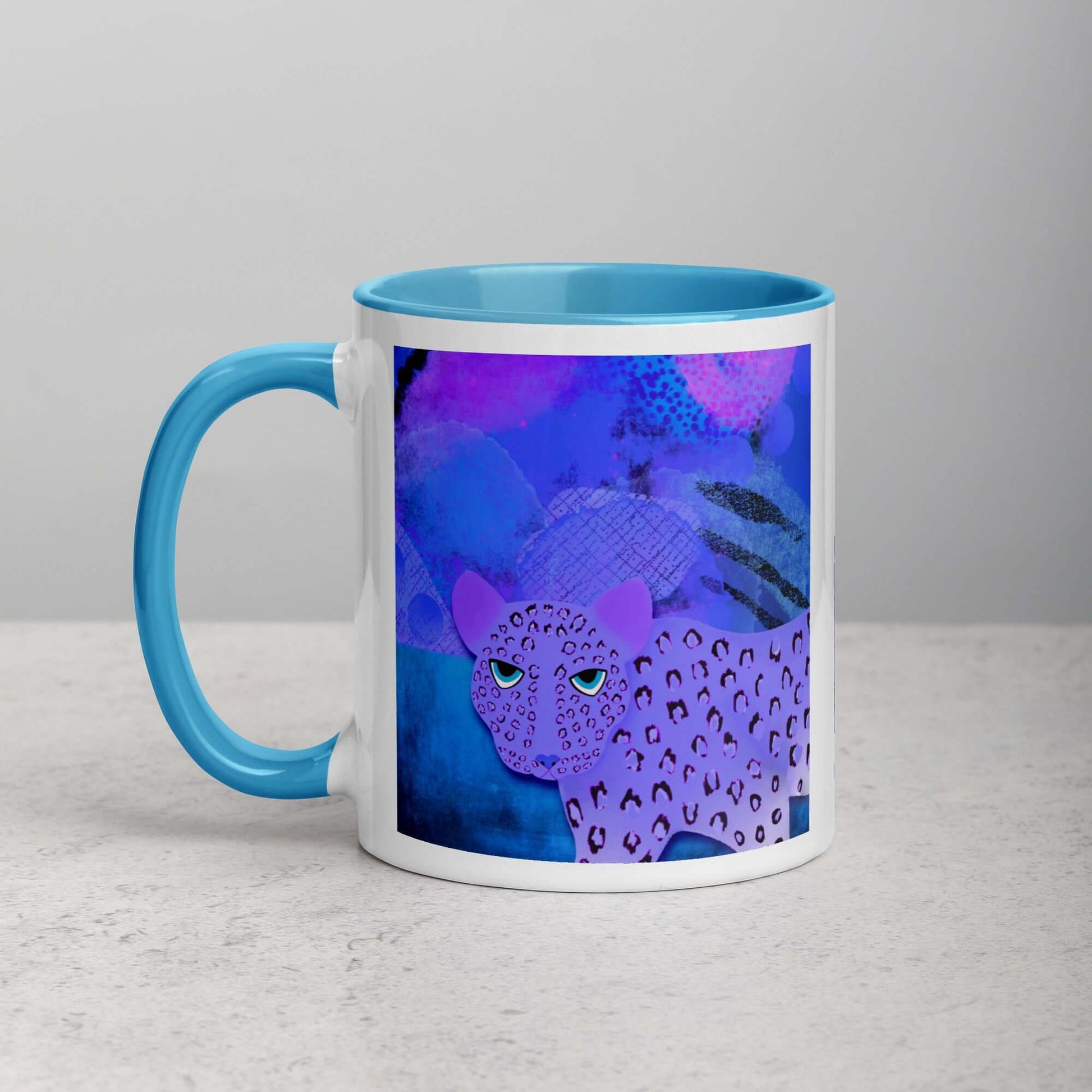 Purple Leopard on Blue and Purple Abstract Background “Blue Leopard” Mug with Light Blue Color Inside Left Handed Front View