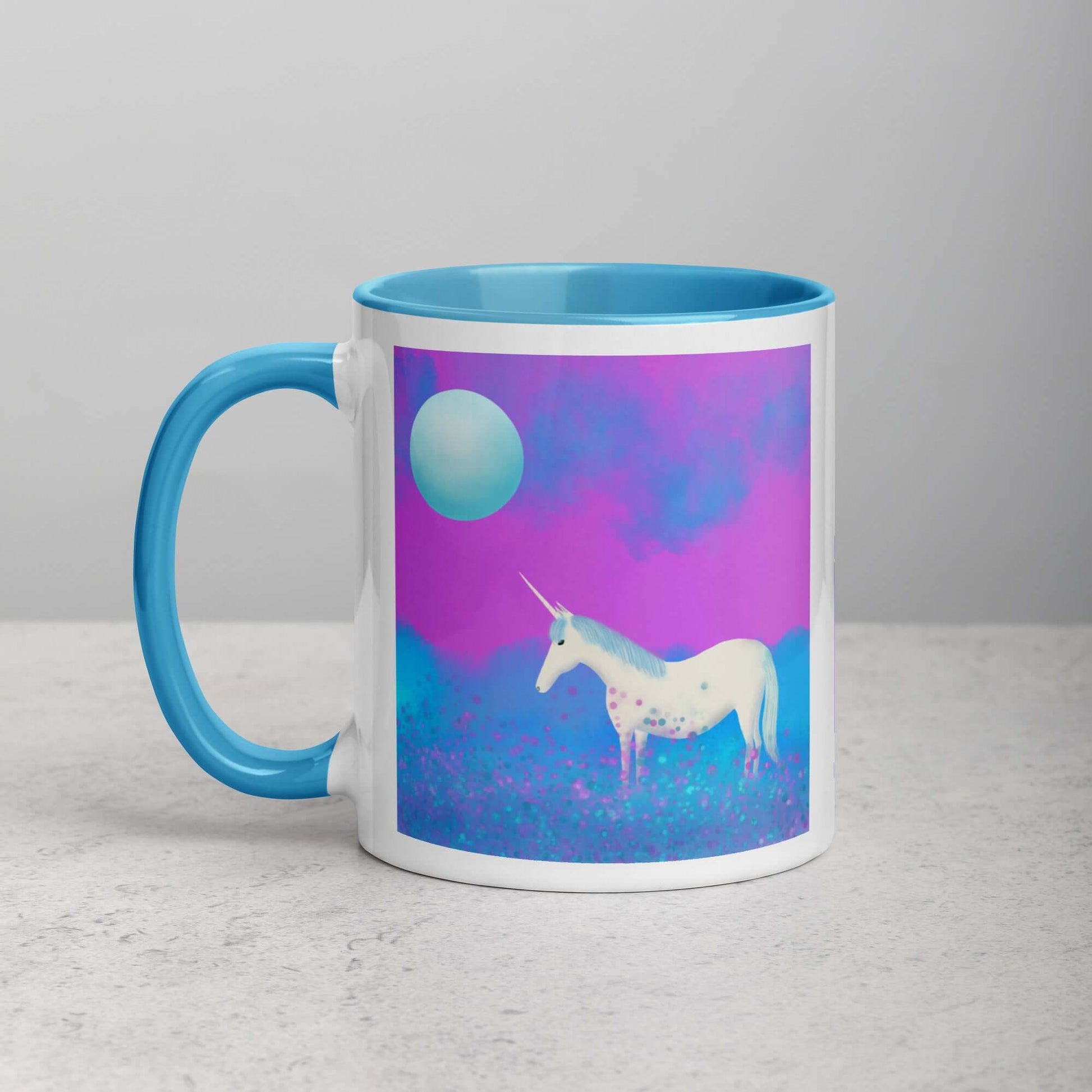 Blue and Purple Unicorn in the Mist with Full Moon “Mystical Unicorn” Mug with Light Blue Color Inside Left Handed Front View