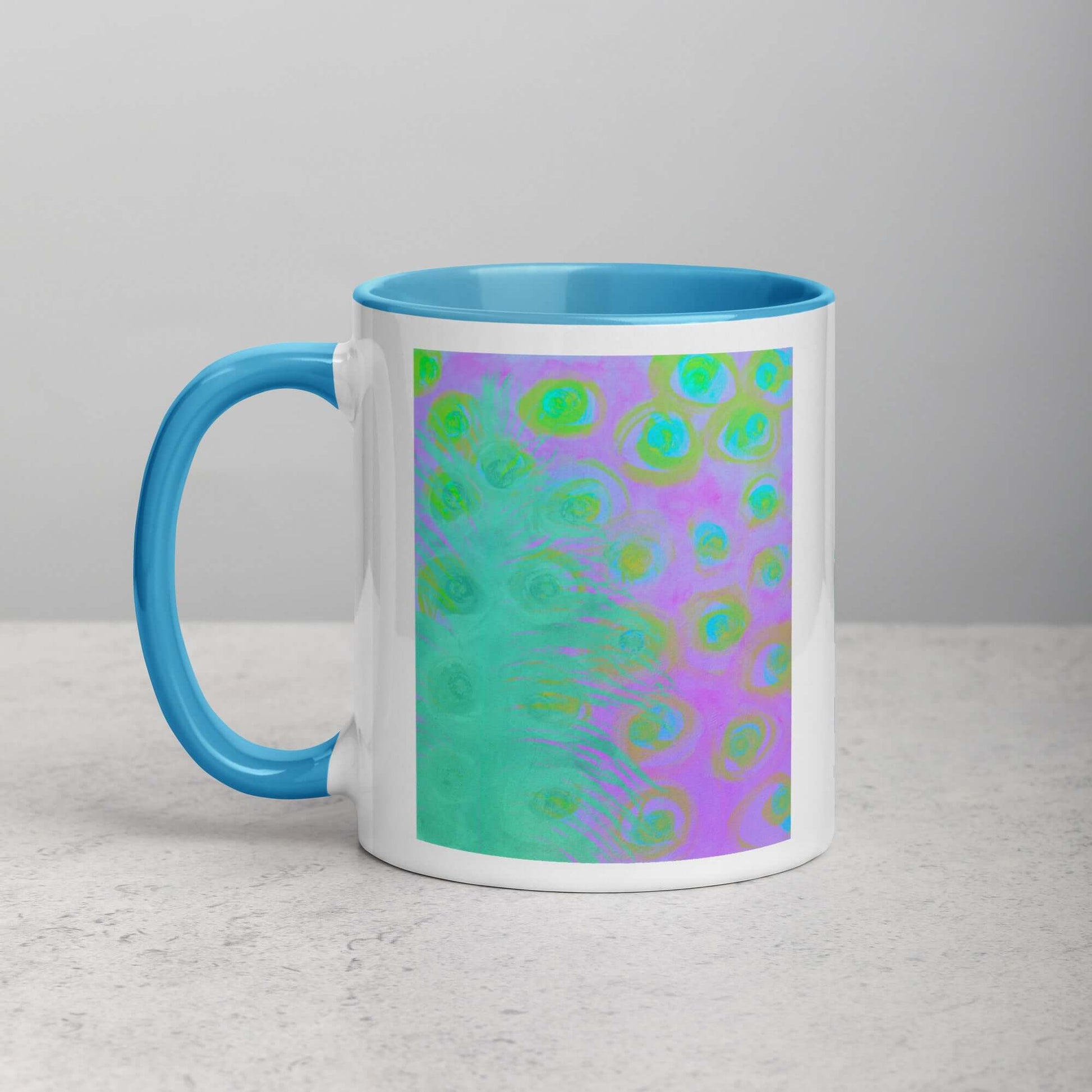 Mint Green Ostrich Feather on Purple Background “Mint Julep” Abstract Art Mug with Light Blue Color Inside Left Handed Front View