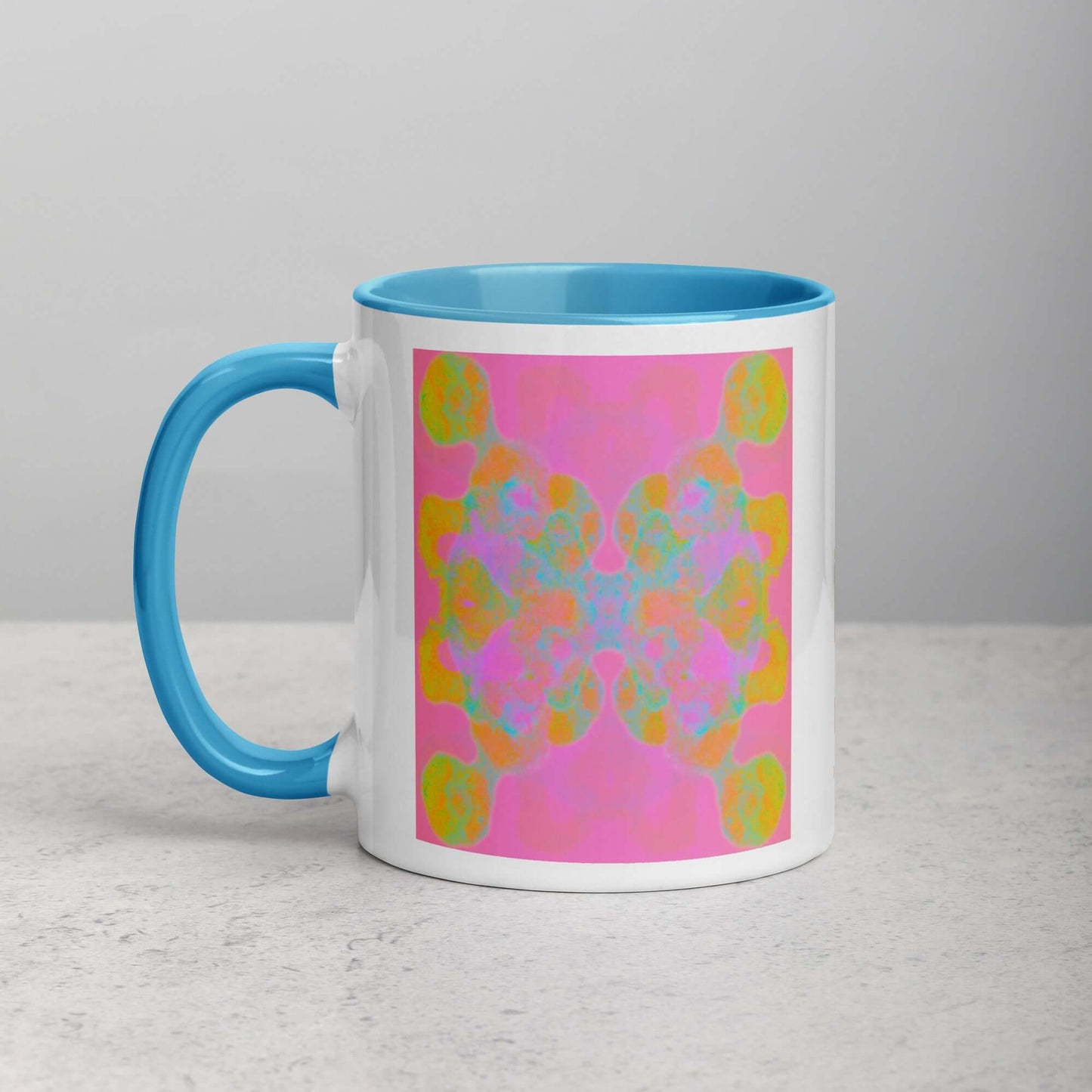 Colorful Abstract Butterfly Shape on Pink Background “Double the Fun” Abstract Art Mug with Light Blue Color Inside Left Handed Front View