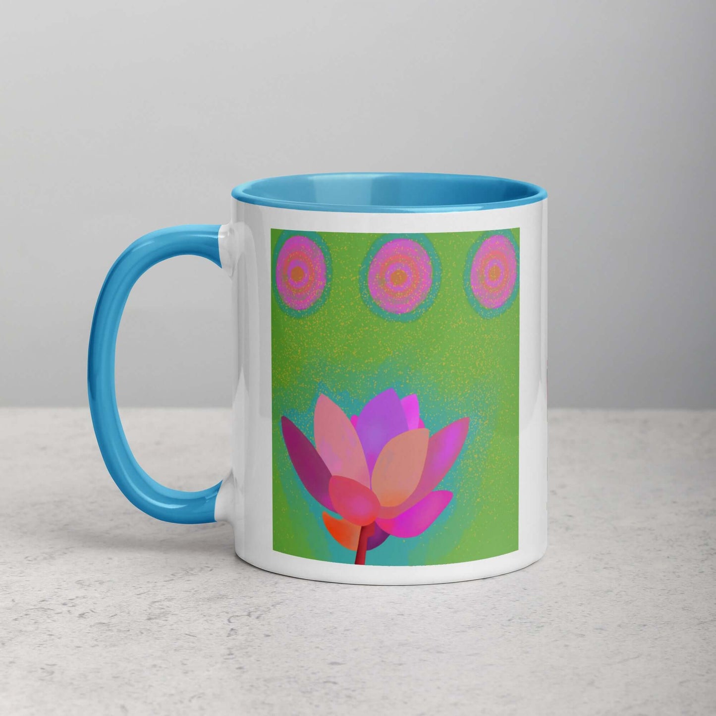 Pink Lotus Flower on Green Background “Lotus Dots” Mug with Light Blue Color Inside Left Handed Front View