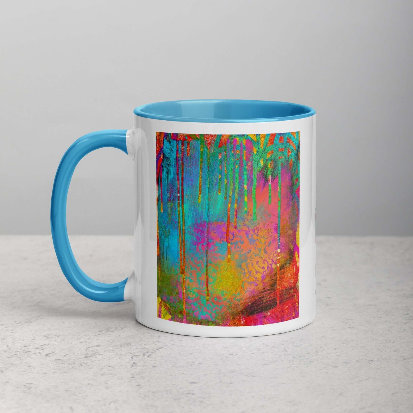 Paint Drips on Colorful Background “Into the Beyond” Abstract Art Mug with Light Blue Color Inside Left Handed Front View