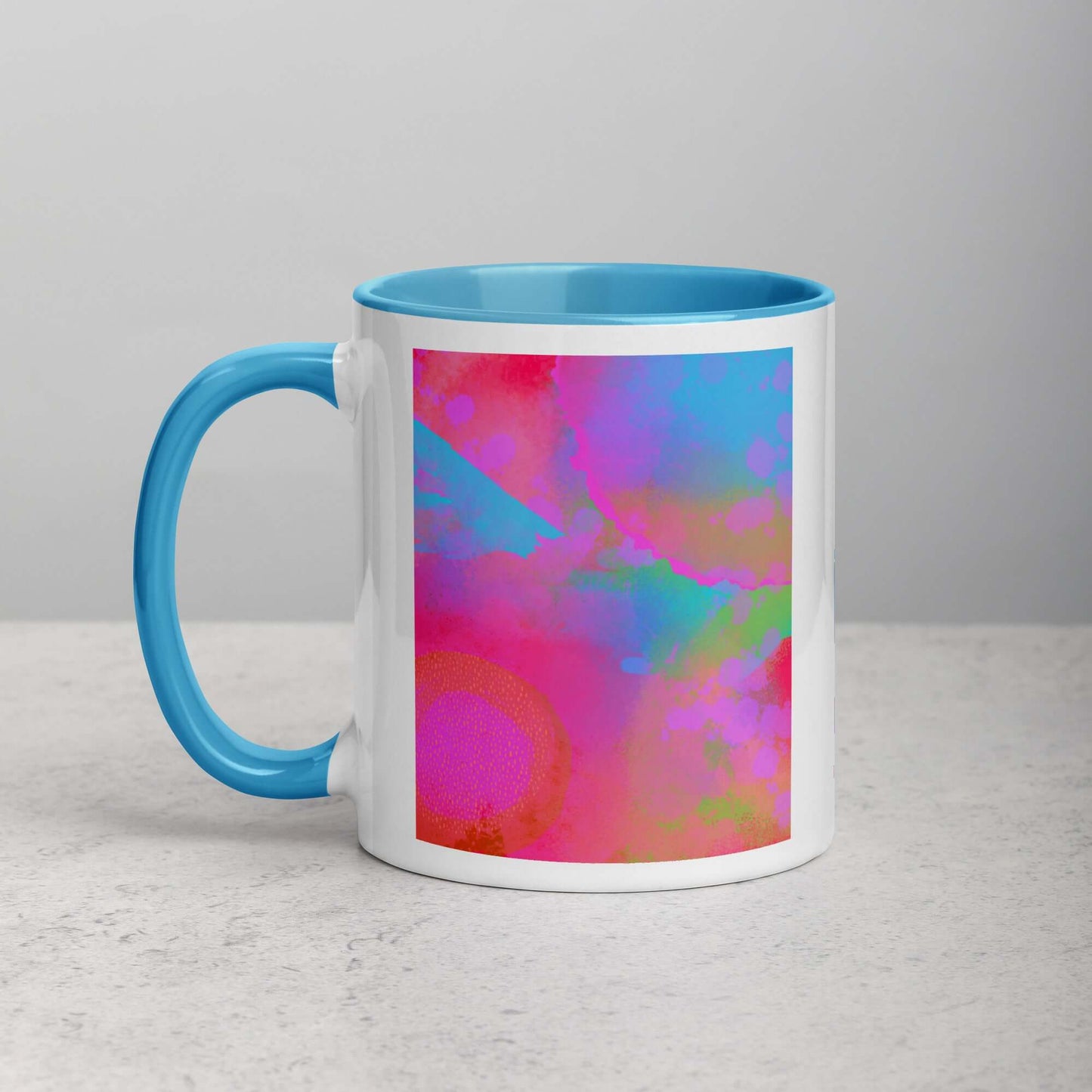 Hot Pink Intergalactic “Between Worlds” Abstract Art Mug with Light Blue Color Inside Left Handed Front View