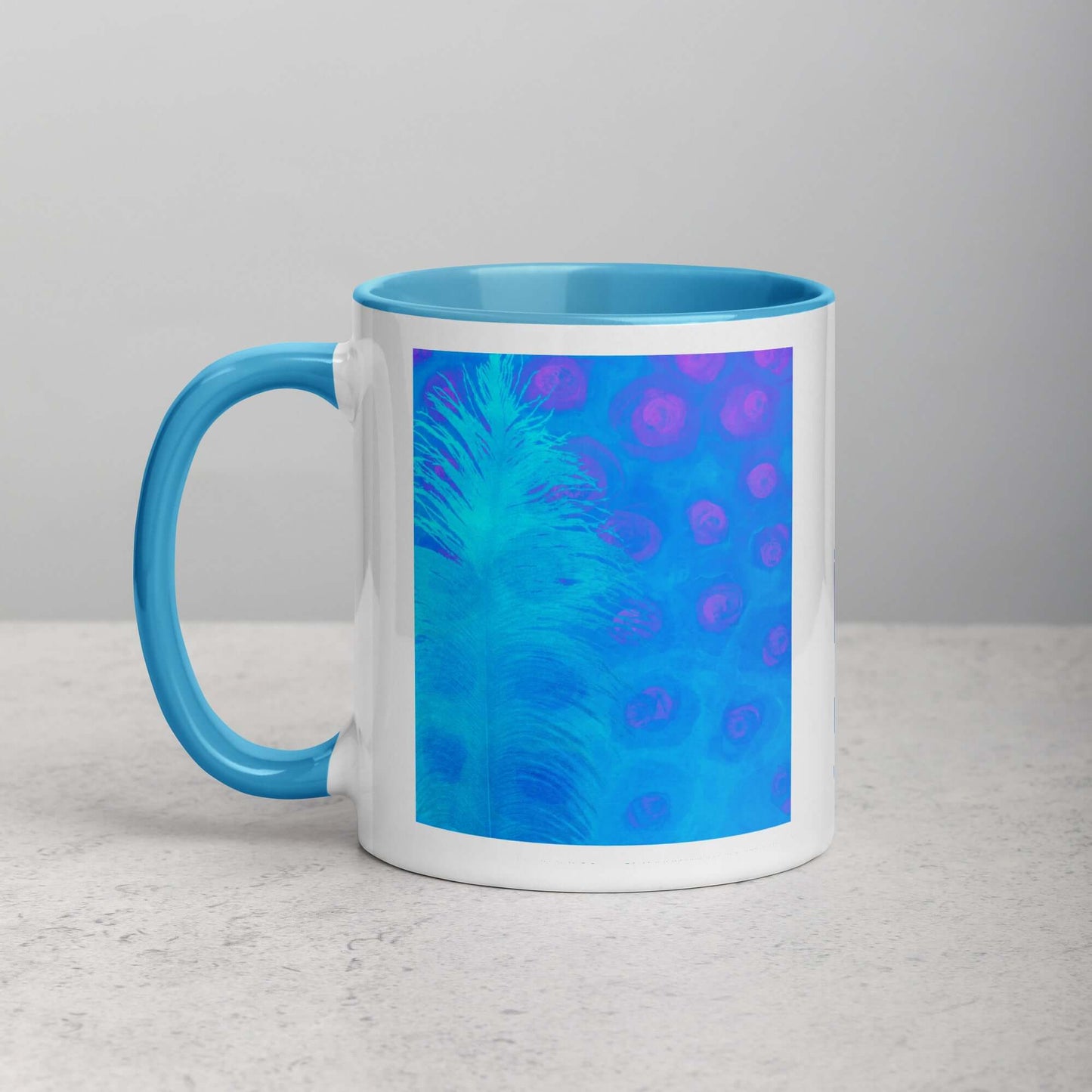 Exotic Blue Ostrich Feather on Blue Background “Bluebell” Abstract Art Mug with Light Blue Color Inside Left Handed Front View
