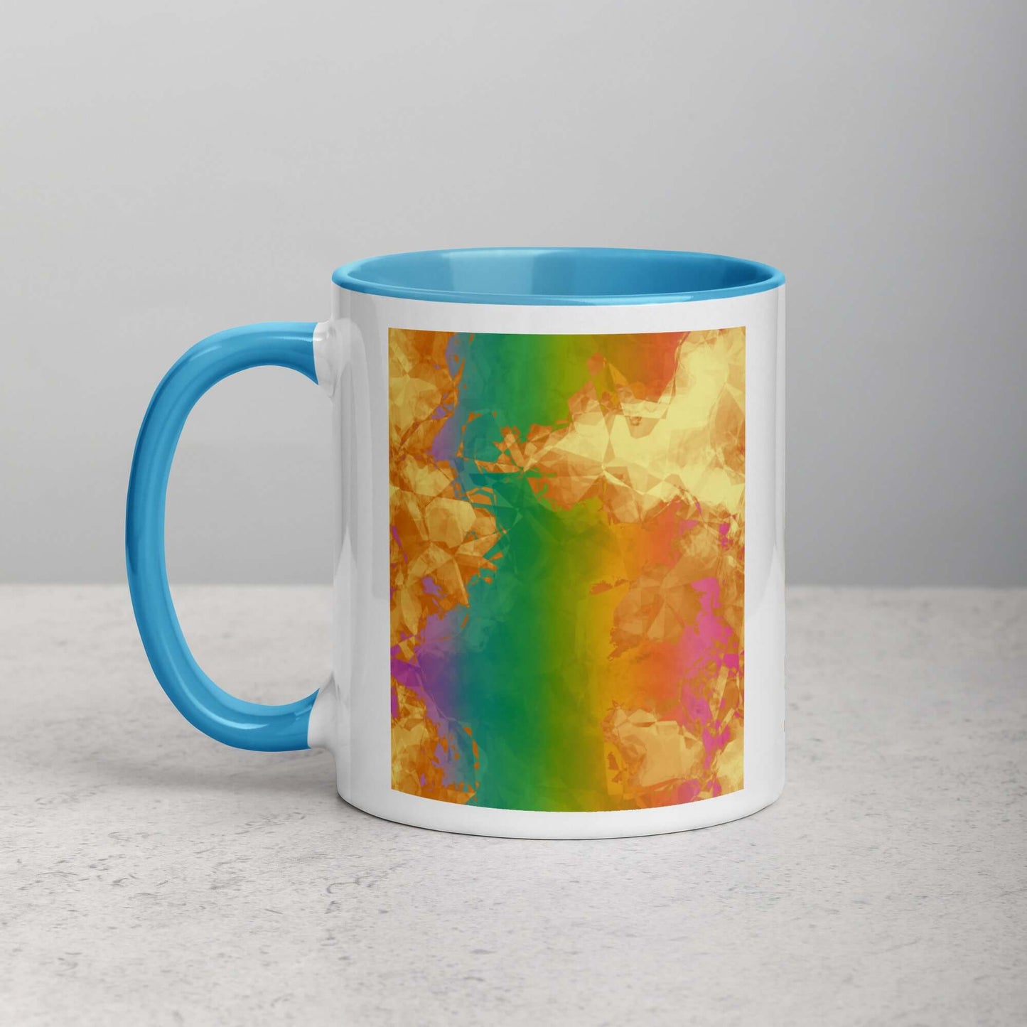 Fiery Rainbow “Rainbow Geode” Abstract Art Mug with Light Blue Color Inside Left Handed Front View