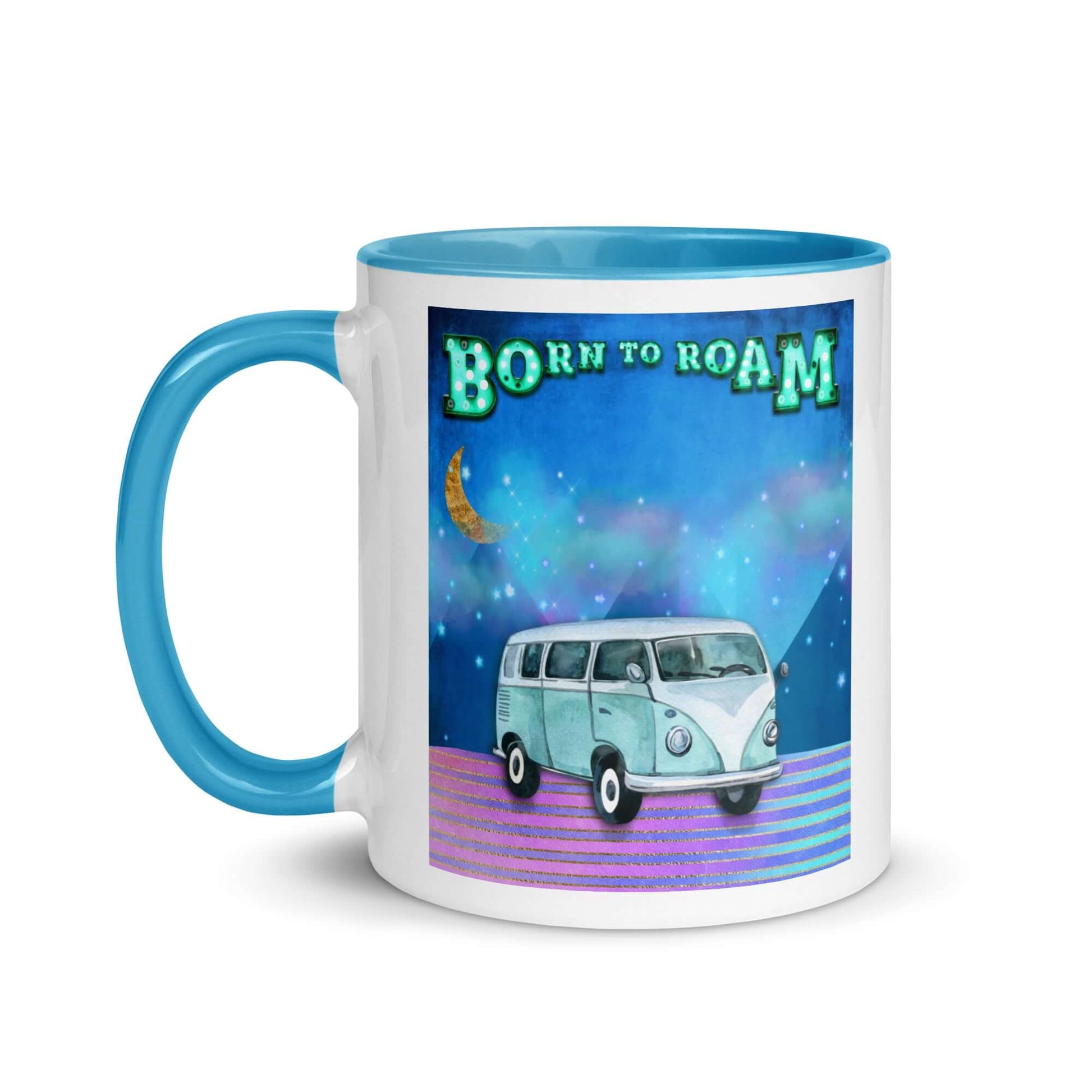 Blue Camper Van Against Blue and Purple Mountains with Moon, Clouds and Stars with “Born to Roam” Marquee Letters Mug with Light Blue Color Inside Left Handed Front View