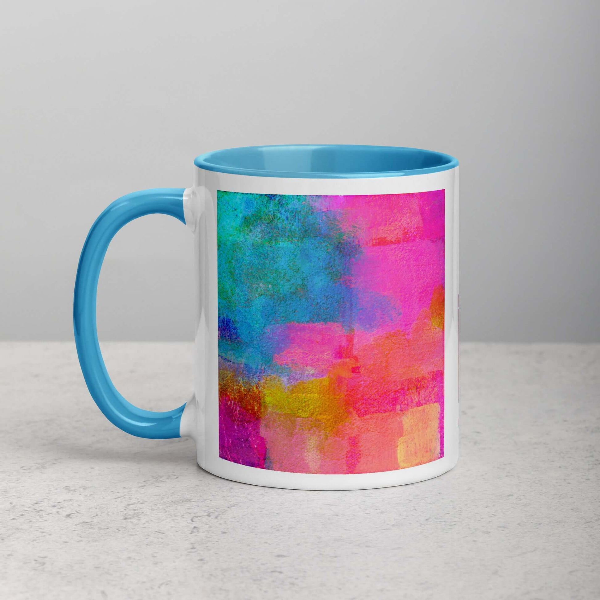 Bold Pink and Blue “Monaco” Abstract Art Mug with Light Blue Color Inside Left Handed Front View