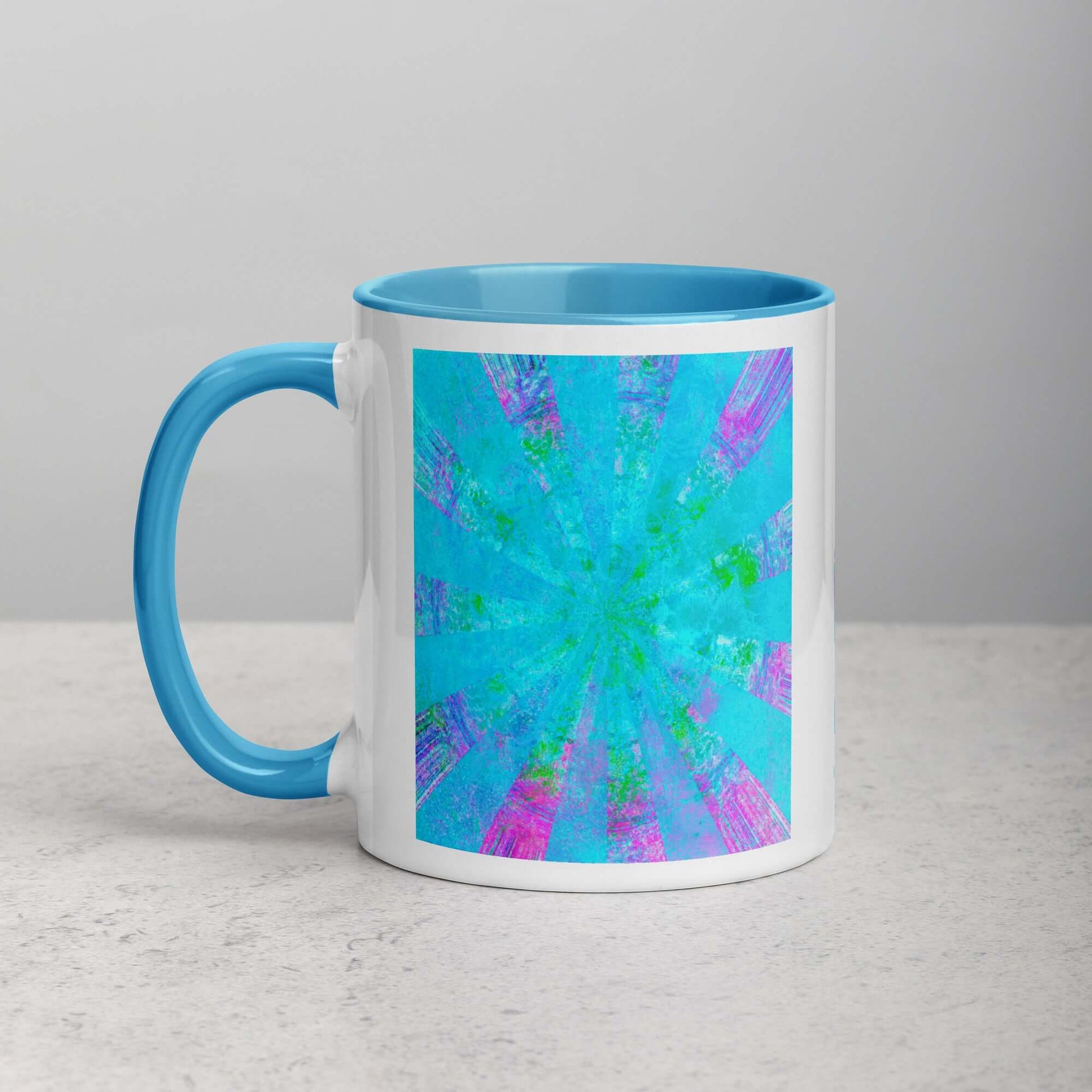 Turquoise Blue with Purple Radial “Blue Stingray” Abstract Art Mug with Light Blue Color Inside Left Handed Front View