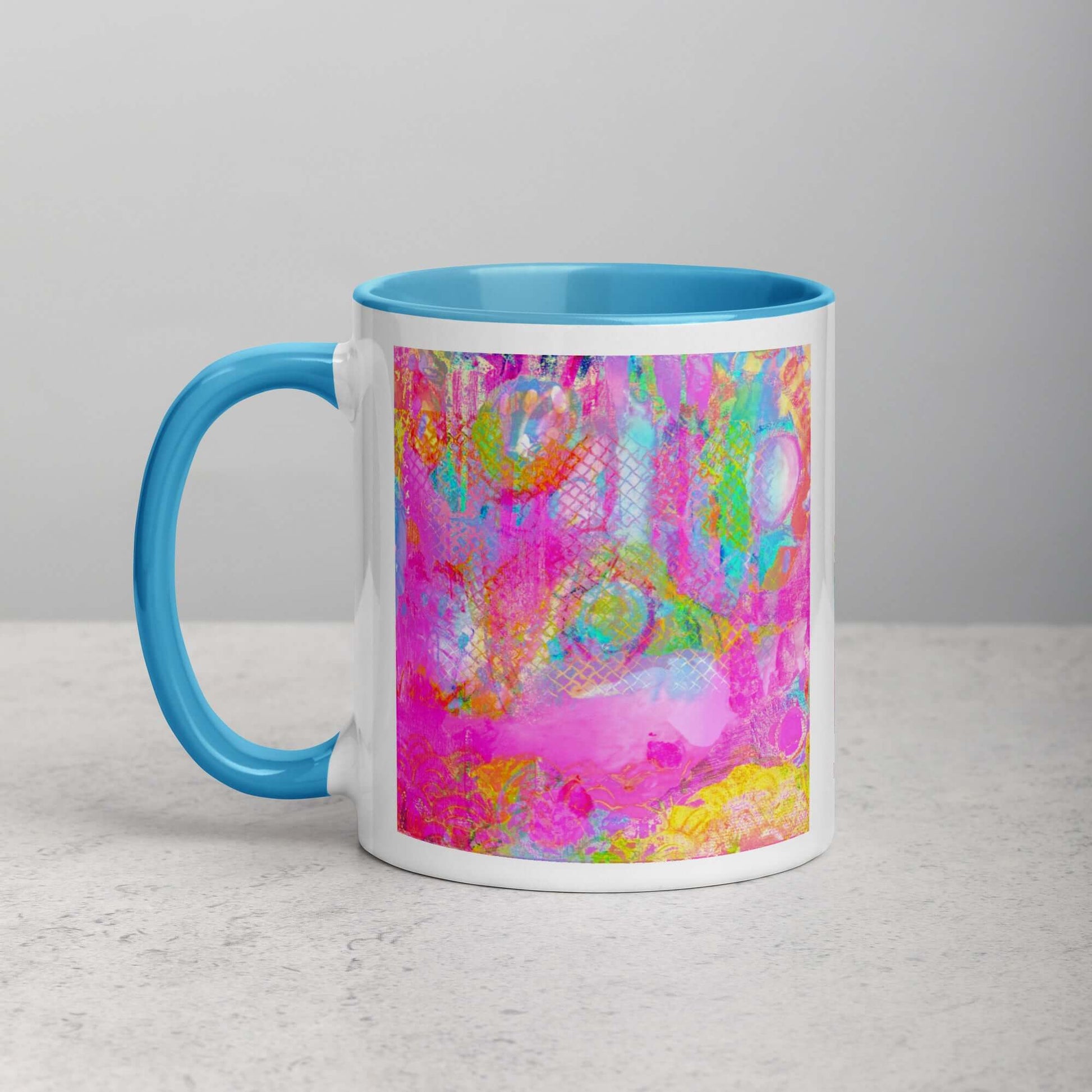  Drippy Pink “Candyland” Abstract Art Mug with Light Blue Color Inside Left Handed Front View