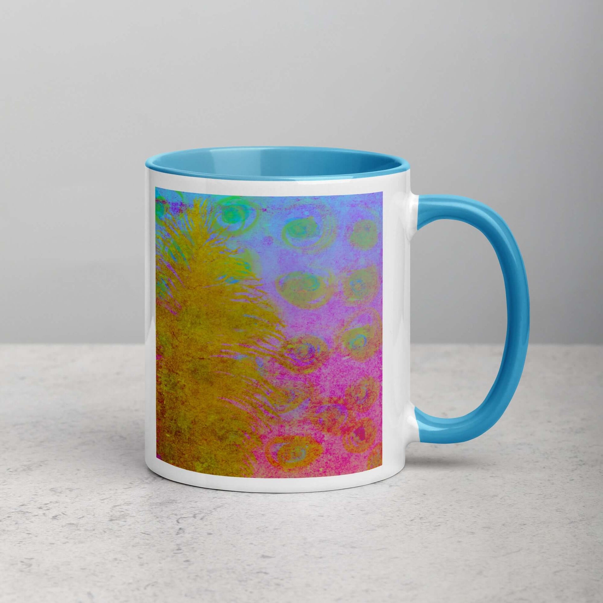 Golden Feather Pink and Blue “Fantasia” Abstract Art Mug with Light Blue Color Inside Right Handed Front View
