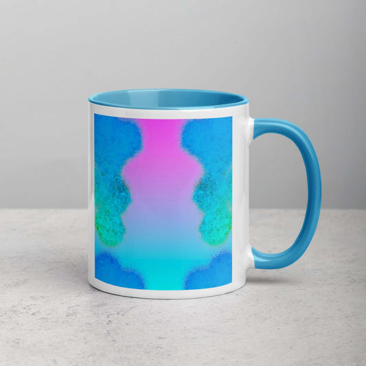 Pink and Blue Lava Lamp Shapes “Forever Now” Abstract Art Mug with Light Blue Color Inside Right Handed Front View