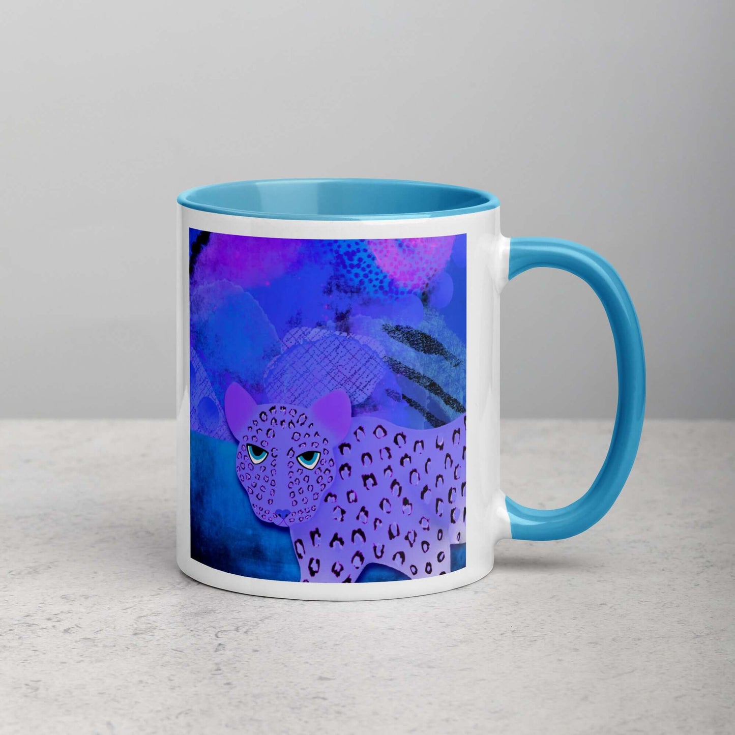 Purple Leopard on Blue and Purple Abstract Background “Blue Leopard” Mug with Light Blue Color Inside Right Handed Front View
