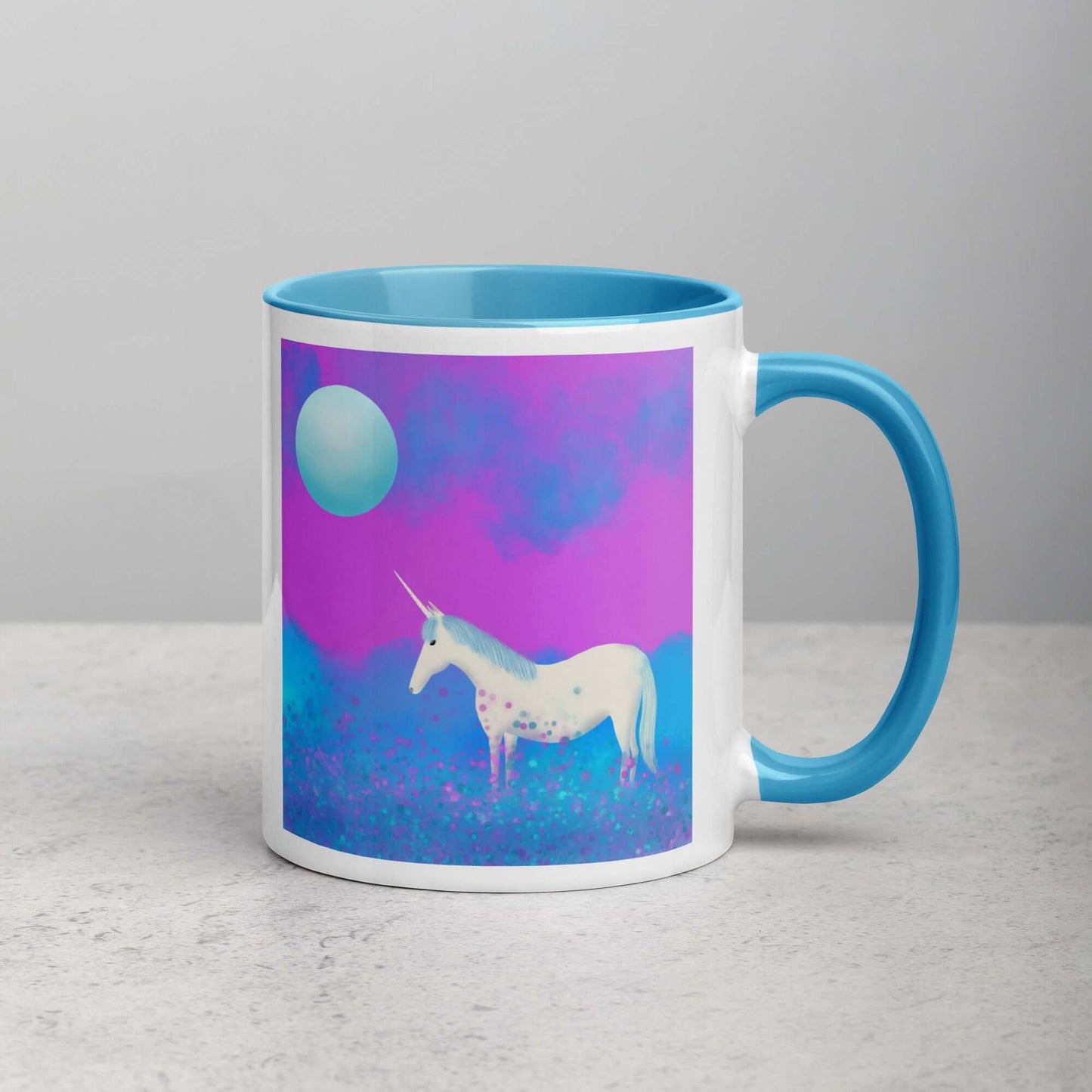 Blue and Purple Unicorn in the Mist with Full Moon “Mystical Unicorn” Mug with Light Blue Color Inside Right Handed Side View