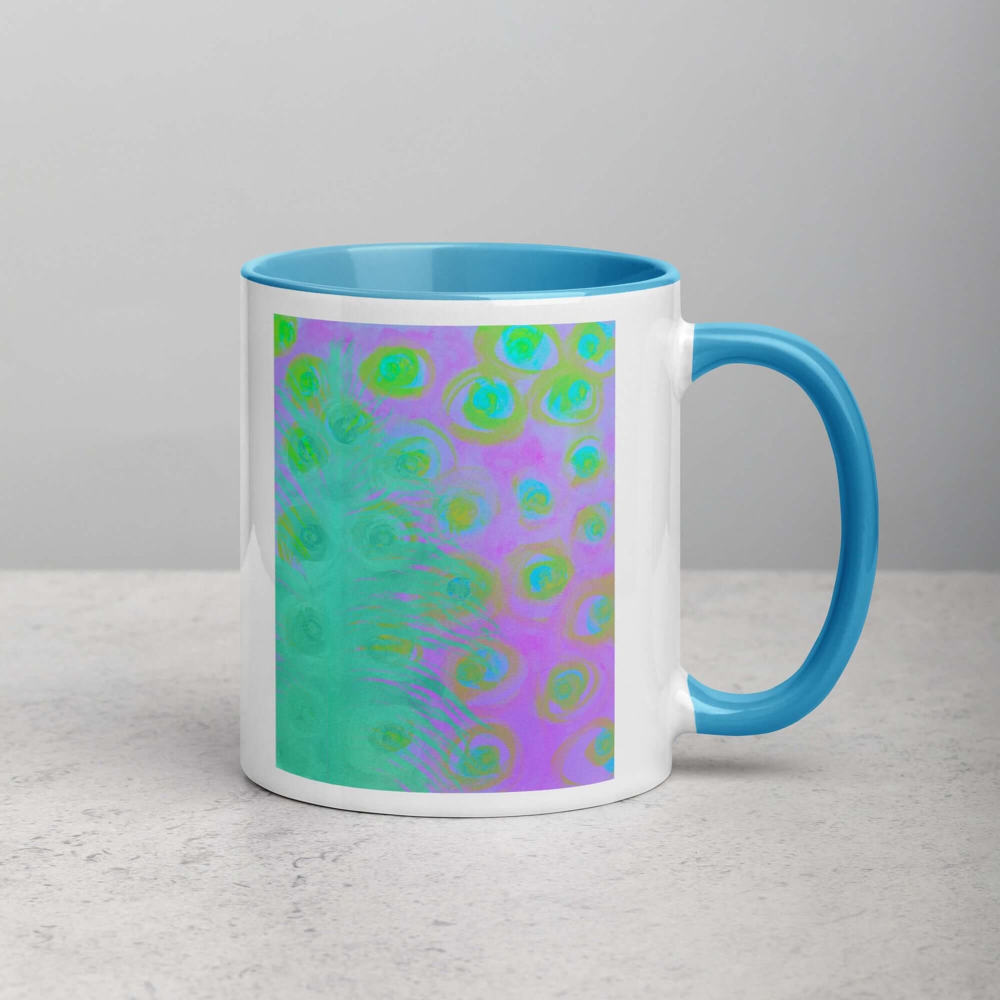 Mint Green Ostrich Feather on Purple Background “Mint Julep” Abstract Art Mug with Light Blue Color Inside Right Handed Front View