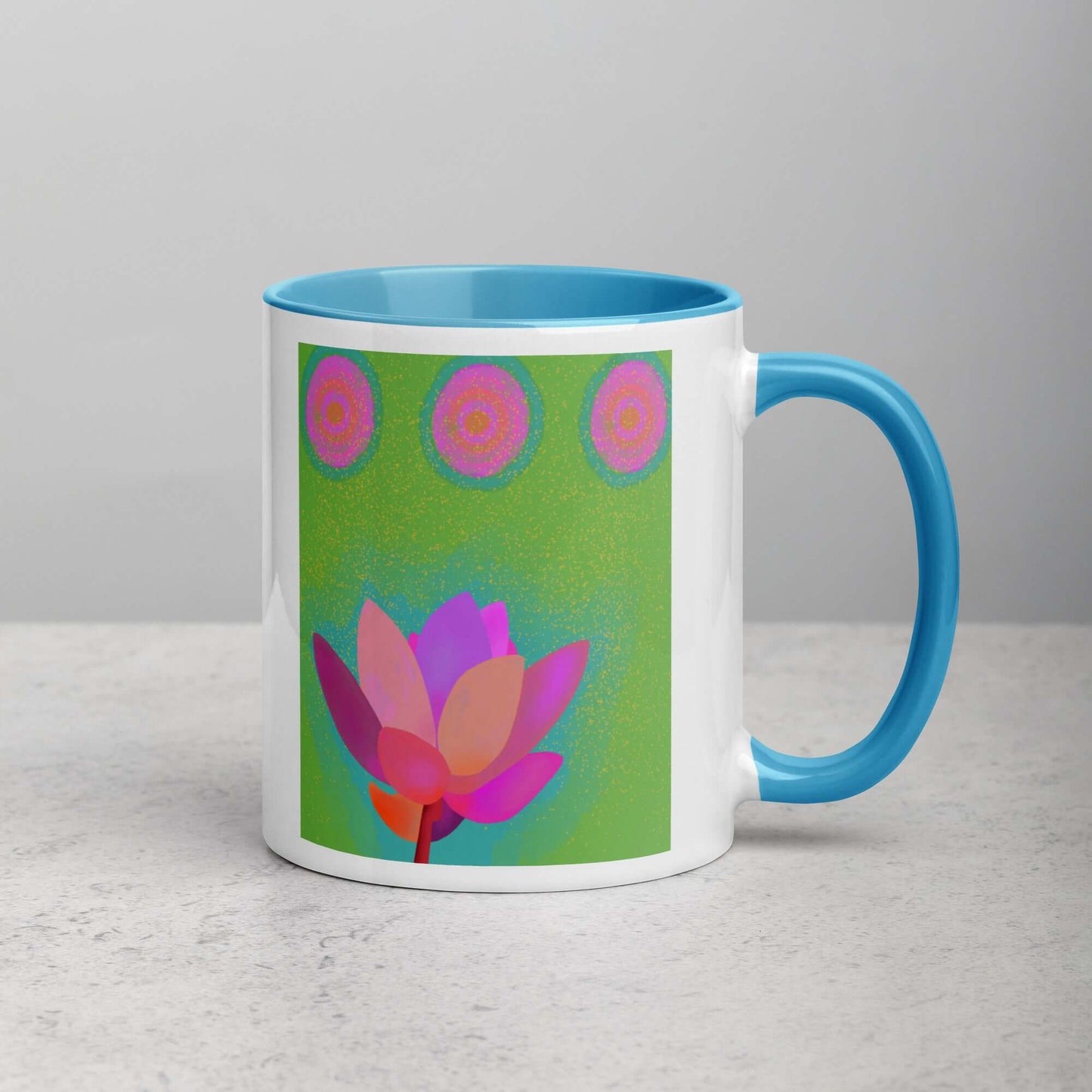 Pink Lotus Flower on Green Background “Lotus Dots” Mug with Light Blue Color Inside Right Handed Front View