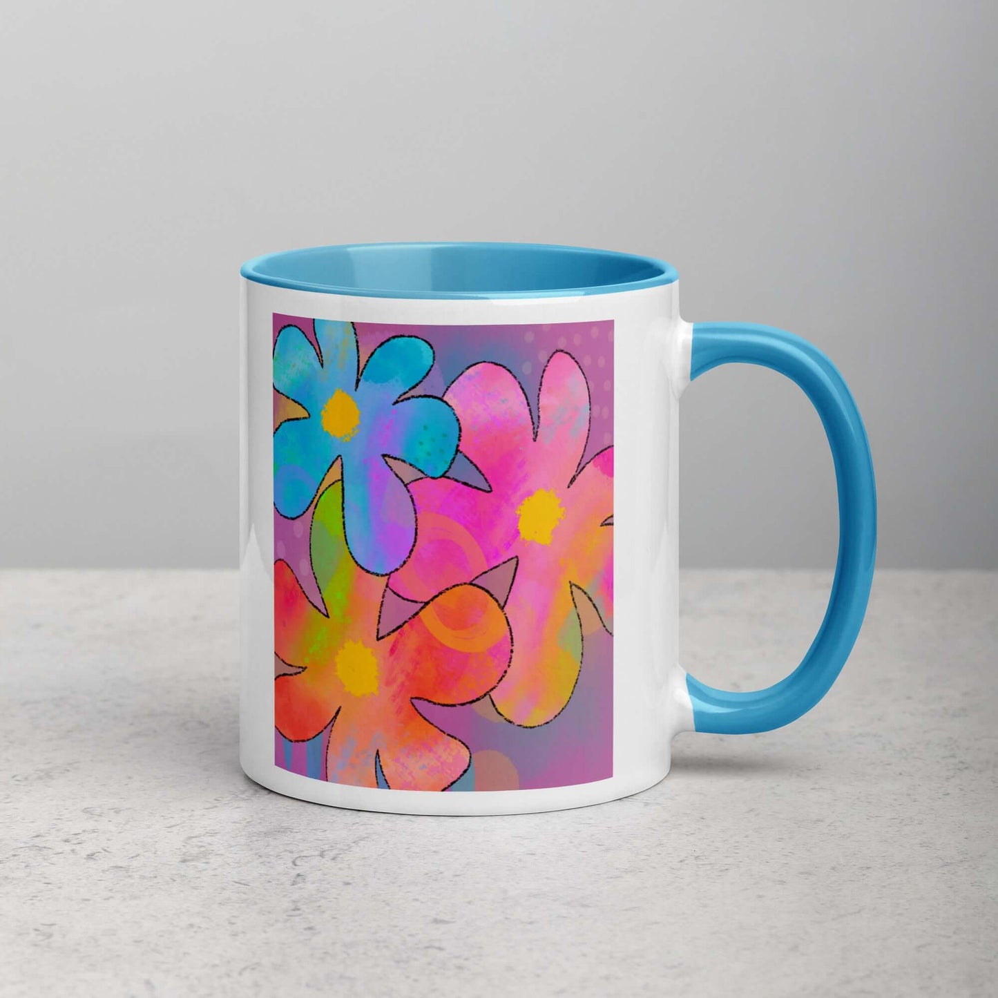 Big Colorful 1960s Psychedelic “Hippie Flowers” Mug with Light Blue Color Inside Right Handed Front View