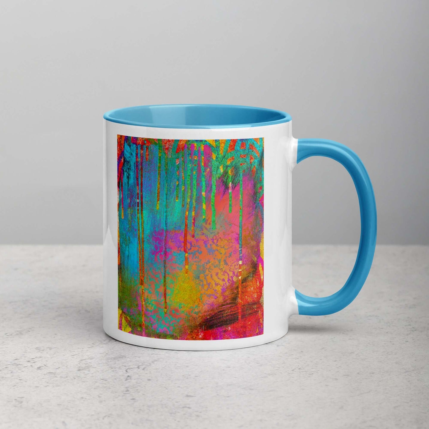 Paint Drips on Colorful Background “Into the Beyond” Abstract Art Mug with Light Blue Color Inside Right Handed Front View