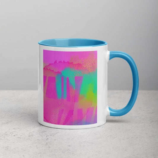 Hot Pink “Gates of Athena” Abstract Art Mug with Light Blue Color Inside Right Handed Front View