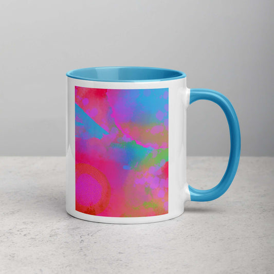 Hot Pink Intergalactic “Between Worlds” Abstract Art Mug with Light Blue Color Inside Right Handed Front View