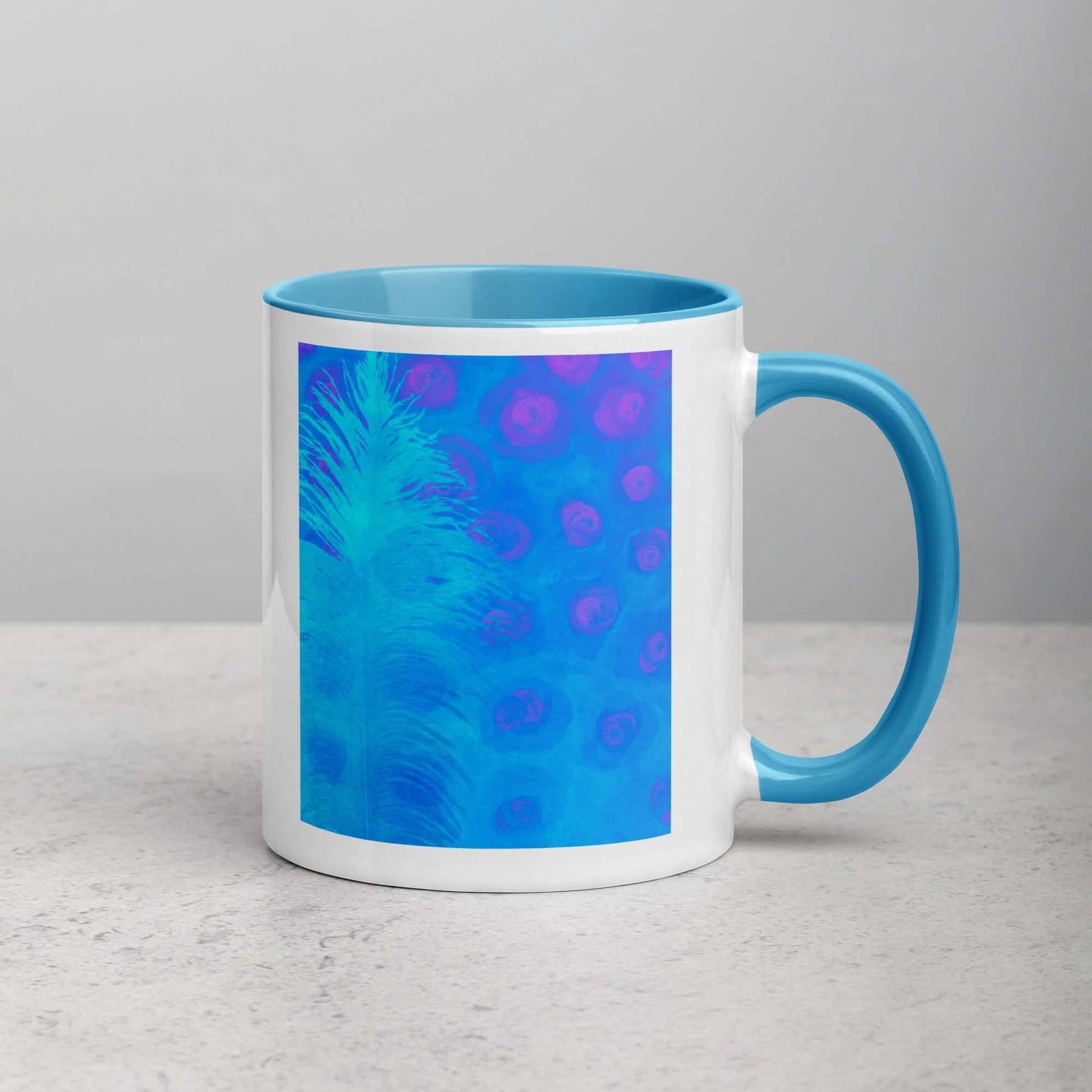 Exotic Blue Ostrich Feather on Blue Background “Bluebell” Abstract Art Mug with Light Blue Color Inside Right Handed Front View