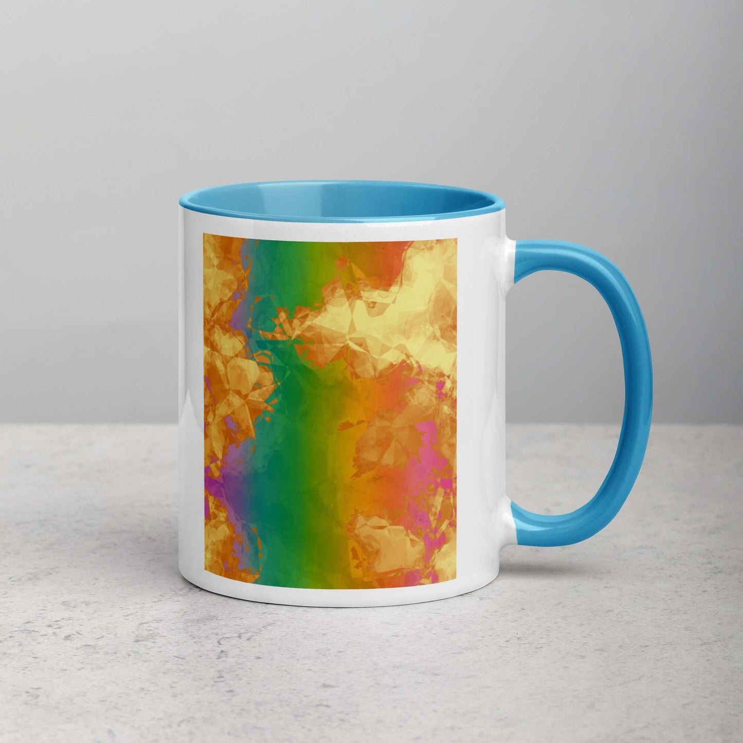 Fiery Rainbow “Rainbow Geode” Abstract Art Mug with Light Blue Color Inside Right Handed Front View