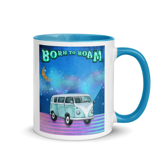 Blue Camper Van Against Blue and Purple Mountains with Moon, Clouds and Stars with “Born to Roam” Marquee Letters Mug with Light Blue Color Inside Right Handed Front View