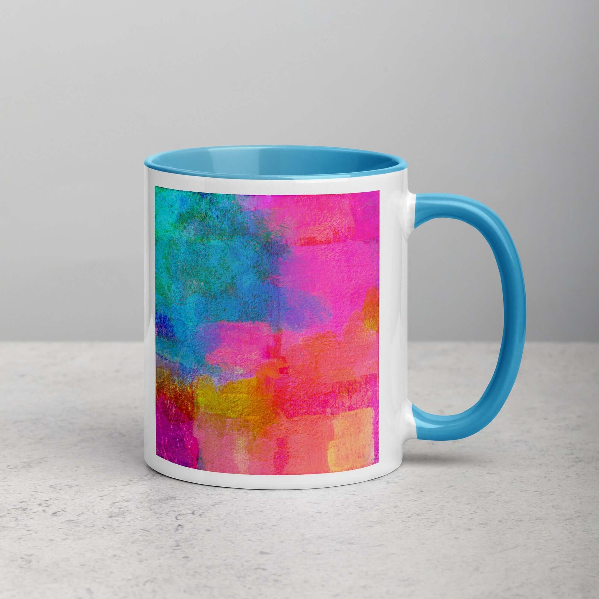 Bold Pink and Blue “Monaco” Abstract Art Mug with Light Blue Color Inside Right Handed Front View