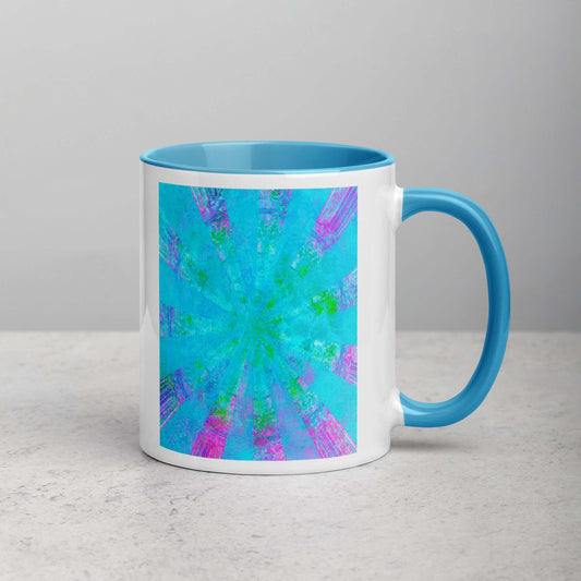 Turquoise Blue with Purple Radial “Blue Stingray” Abstract Art Mug with Light Blue Color Inside Right Handed Front View