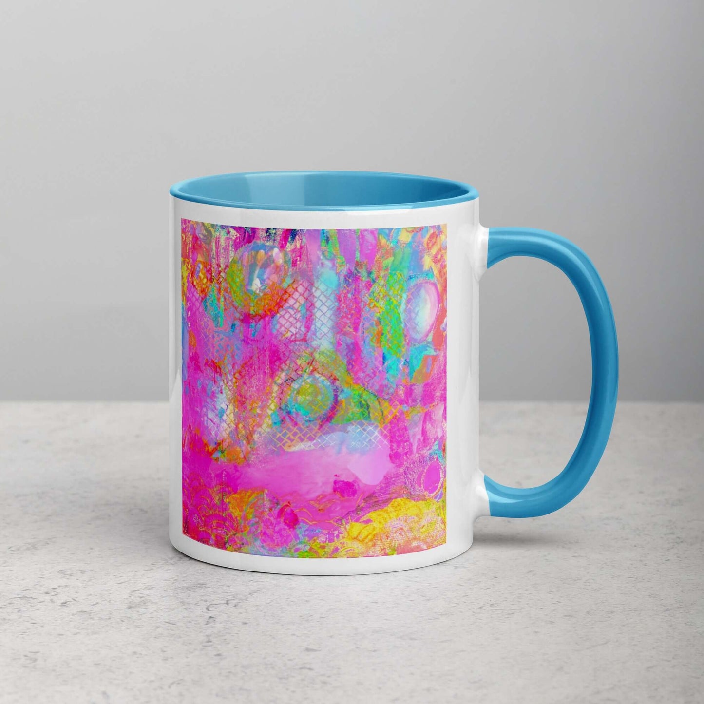  Drippy Pink “Candyland” Abstract Art Mug with Light Blue Color Inside Right Handed Front View