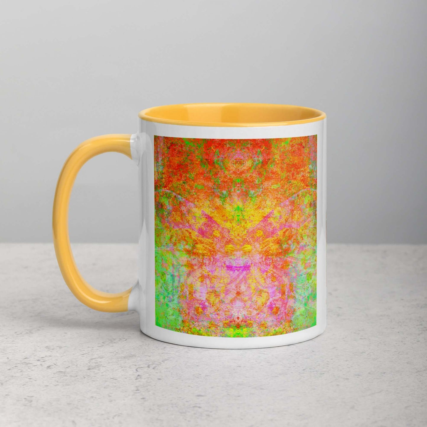 Green and Orange Butterfly Shaped “Firefly” Abstract Art Mug with Golden Yellow Color Inside Left Handed Front View