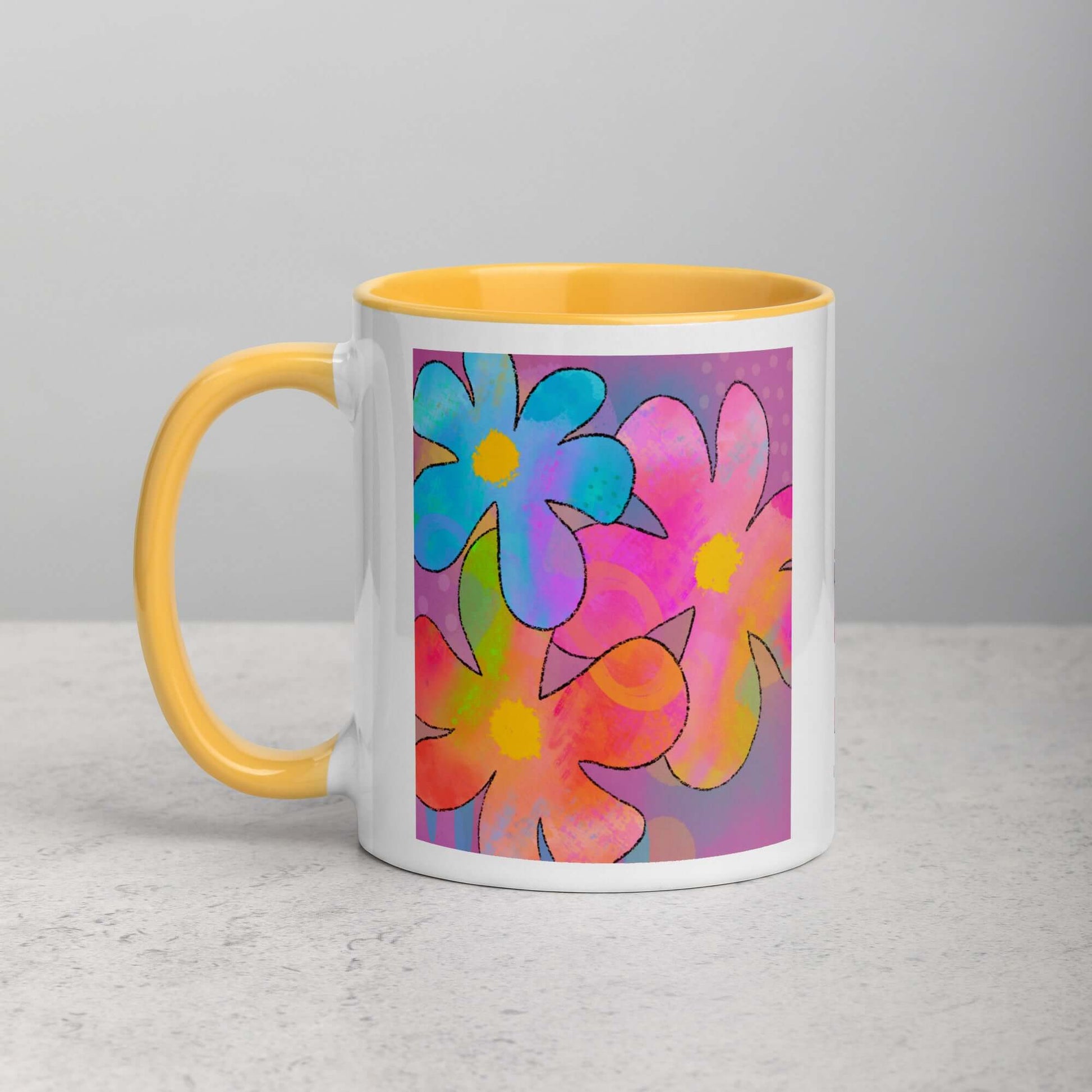 Big Colorful 1960s Psychedelic “Hippie Flowers” Mug with Golden Yellow Color Inside Left Handed Front View