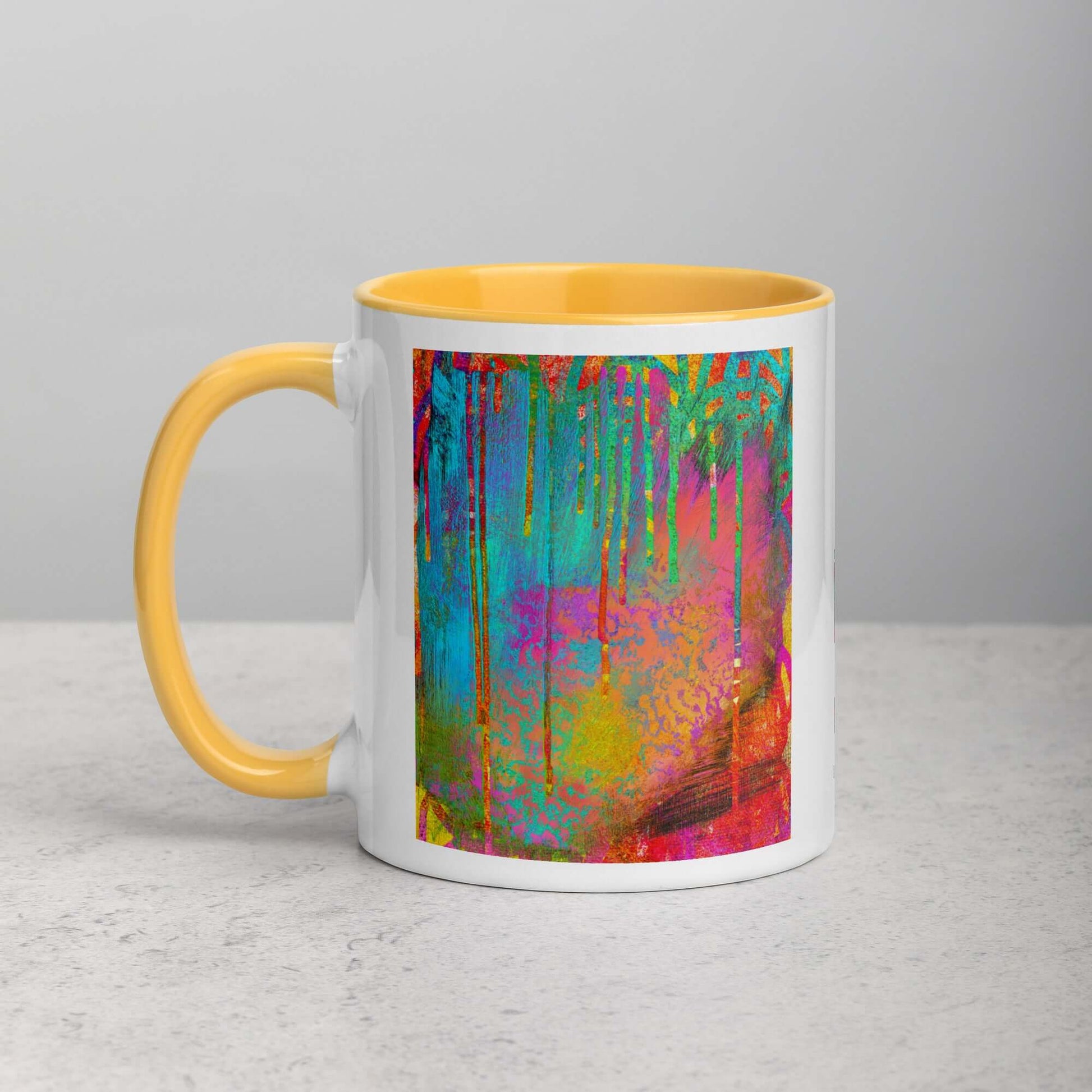 Paint Drips on Colorful Background “Into the Beyond” Abstract Art Mug with Color Golden Yellow Inside Left Handed Front View