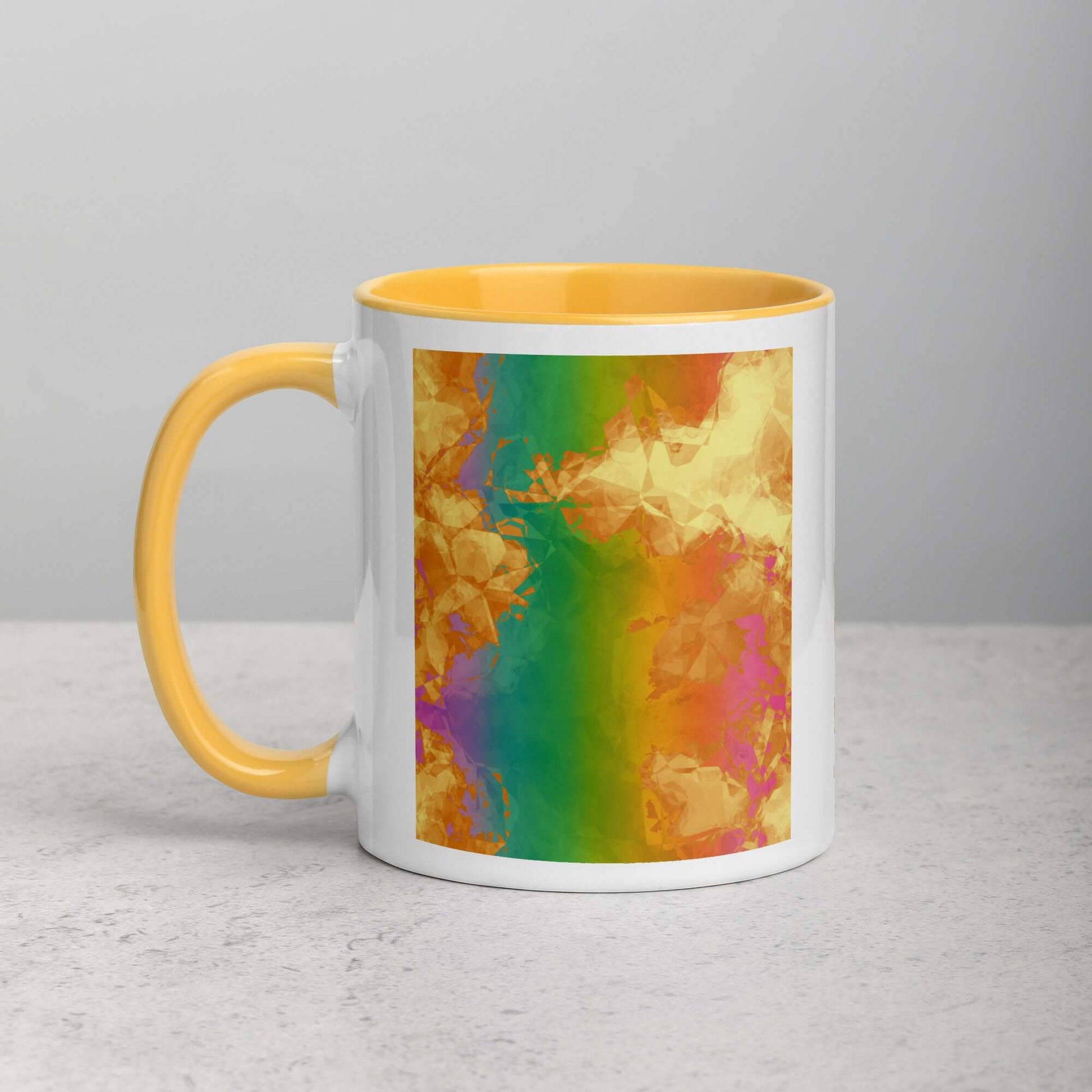 Fiery Rainbow “Rainbow Geode” Abstract Art Mug with Golden Yellow Color Inside Left Handed Front View
