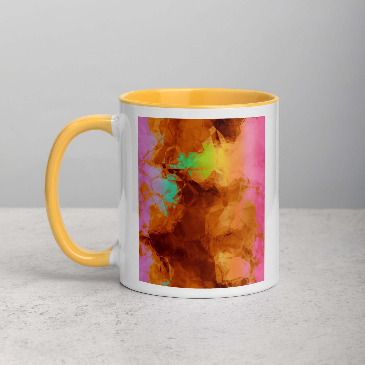 Abstract Smoky Rainbow on Brown Background “Burnt Rainbow Crumple” Abstract Art Mug with Golden Yellow Color Inside Left Handed Front View
