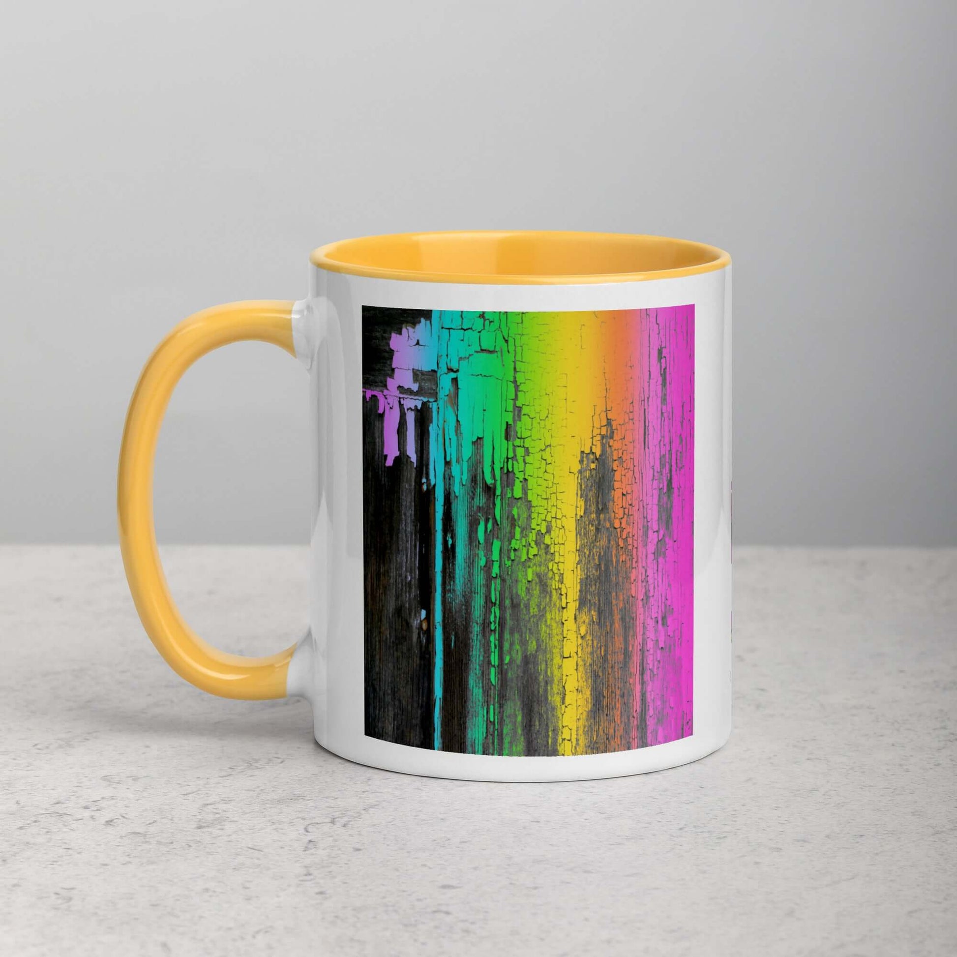Rainbow Paint Drips on Old Wood “Rainbow Crackle” Mug with Golden Yellow Color Inside Left Handed Front View