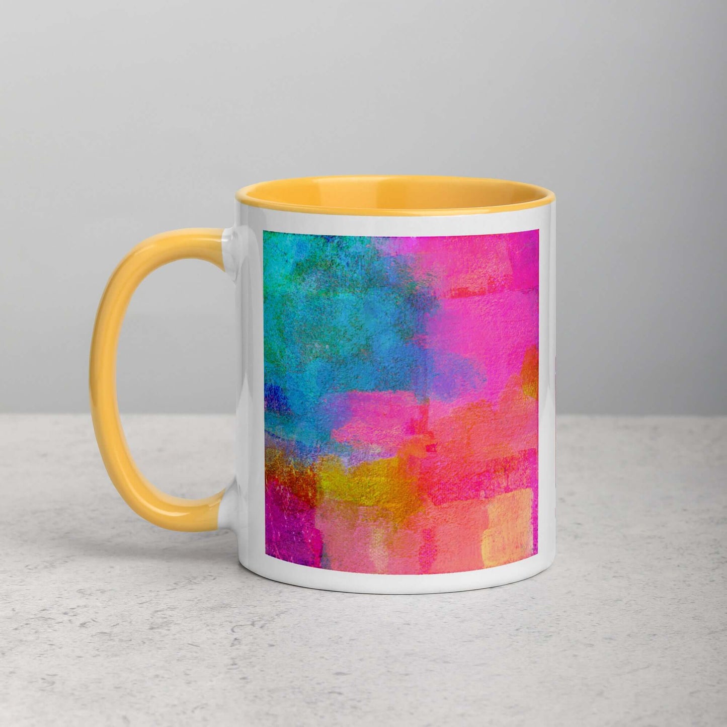 Bold Pink and Blue “Monaco” Abstract Art Mug with Golden Yellow Color Inside Left Handed Front View
