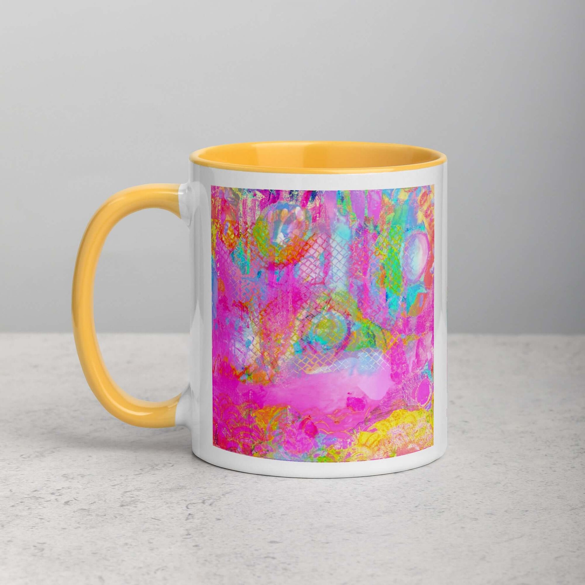  Drippy Pink “Candyland” Abstract Art Mug with Golden Yellow Color Inside Left Handed Front View