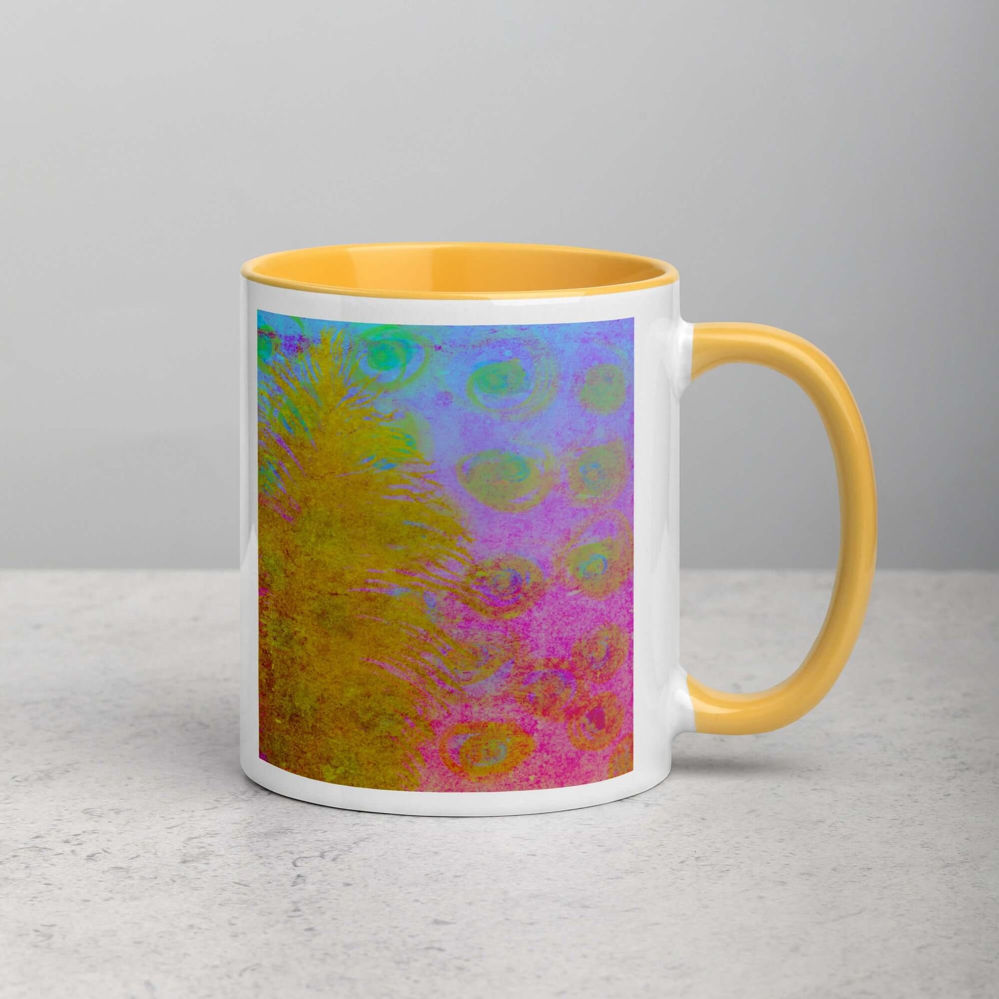 Golden Feather Pink and Blue “Fantasia” Abstract Art Mug with Golden Yellow Color Inside Right Handed Front View