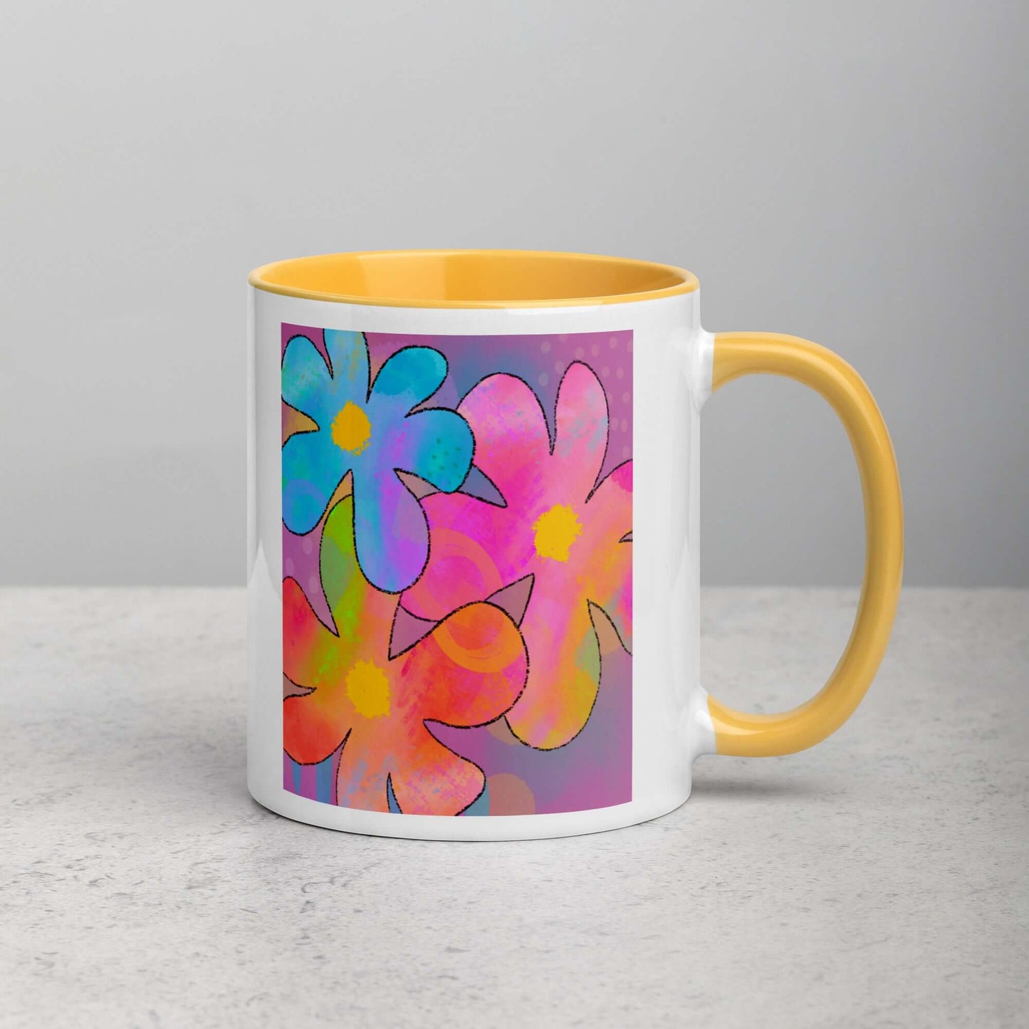 Big Colorful 1960s Psychedelic “Hippie Flowers” Mug with Golden Yellow Color Inside Right Handed Front View