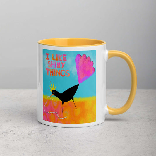 Black Crow Holding Pearls “Shiny Things” Mug with Golden Yellow Color Inside Right Handed Front View