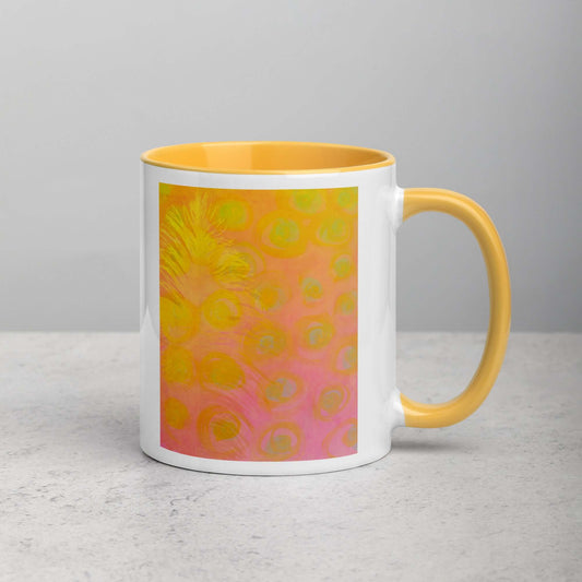 Yellow Ostrich Feather on Pink Background “Carousel” Abstract Art Mug with Light Pink Color Inside Right Handed Front View