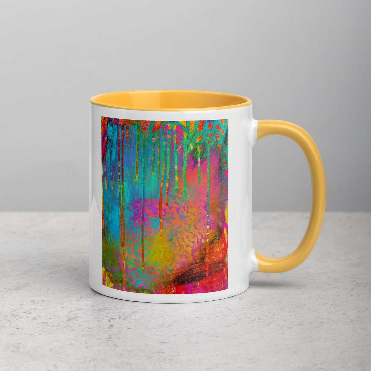 Paint Drips on Colorful Background “Into the Beyond” Abstract Art Mug with Golden Yellow Color Inside Right Handed Front View