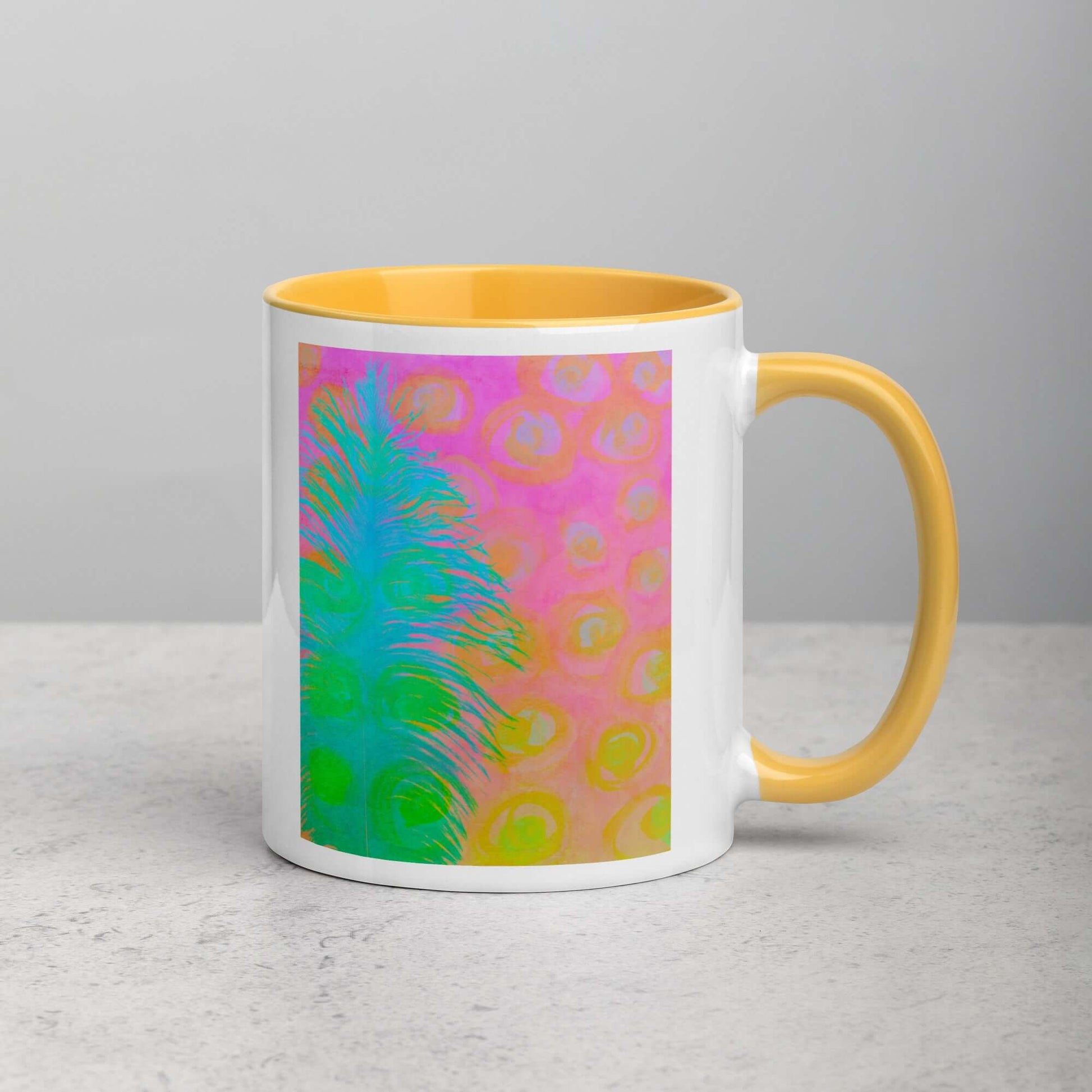 Bright Blue-Green Ostrich Feather on Pink and Yellow Background “My Other Half” Abstract Art Mug with Golden Yellow Color Inside Right Handed Front View