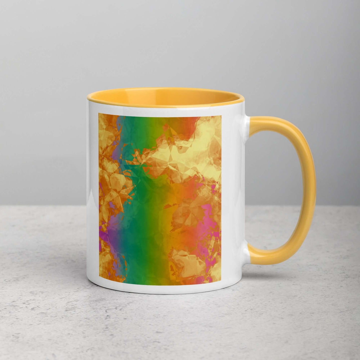 Fiery Rainbow “Rainbow Geode” Abstract Art Mug with Golden Yellow Color Inside Right Handed Front View
