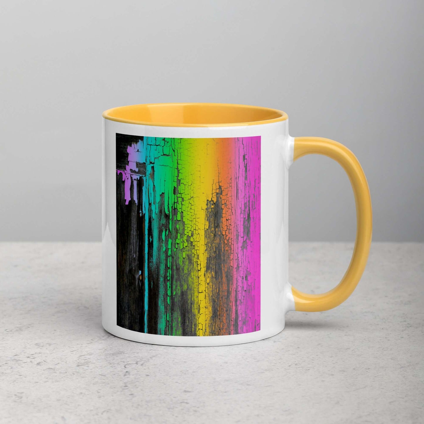 Rainbow Paint Drips on Old Wood “Rainbow Crackle” Mug with Golden Yellow Color Inside Right Handed Front View