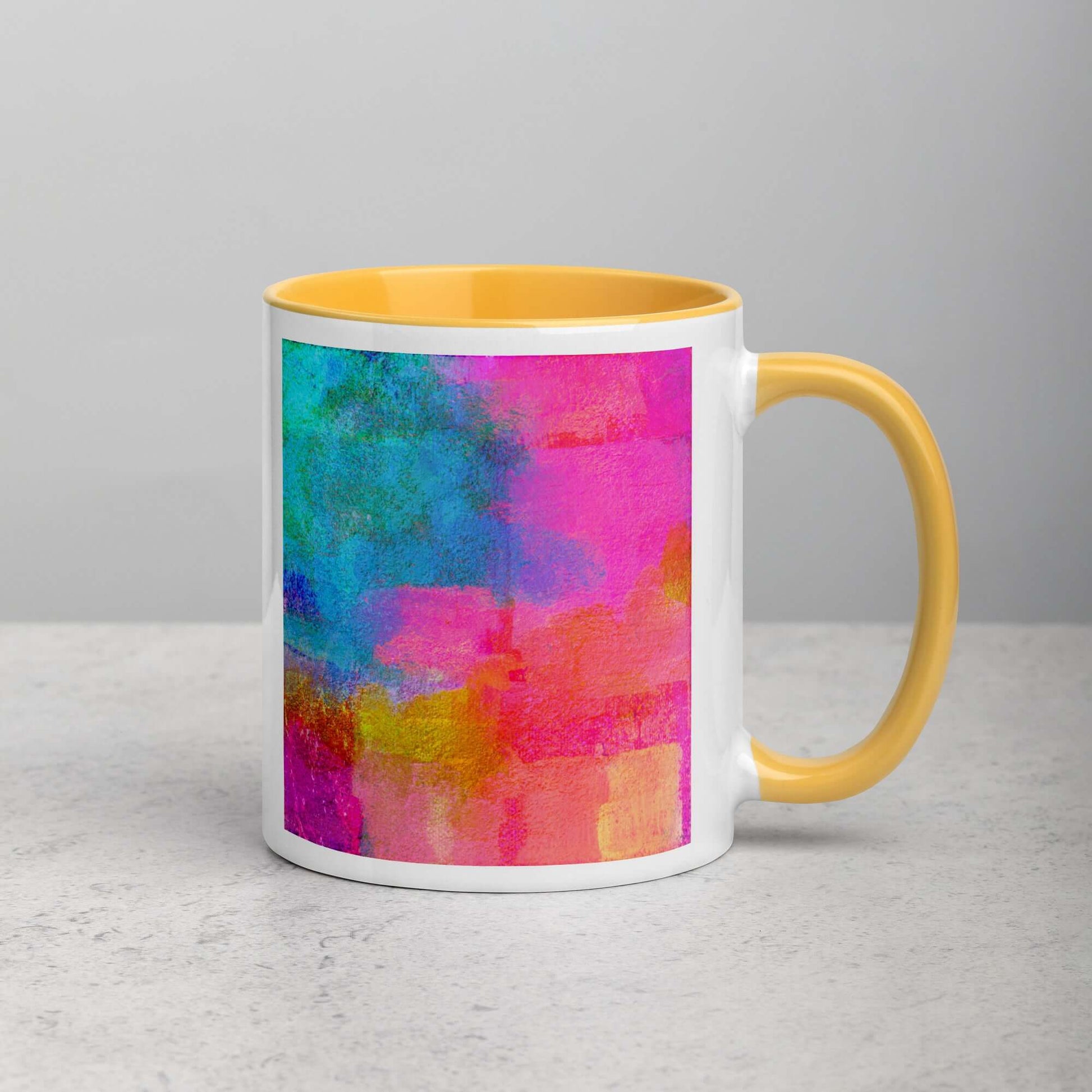 Bold Pink and Blue “Monaco” Abstract Art Mug with Golden Yellow Color Inside Right Handed Front View
