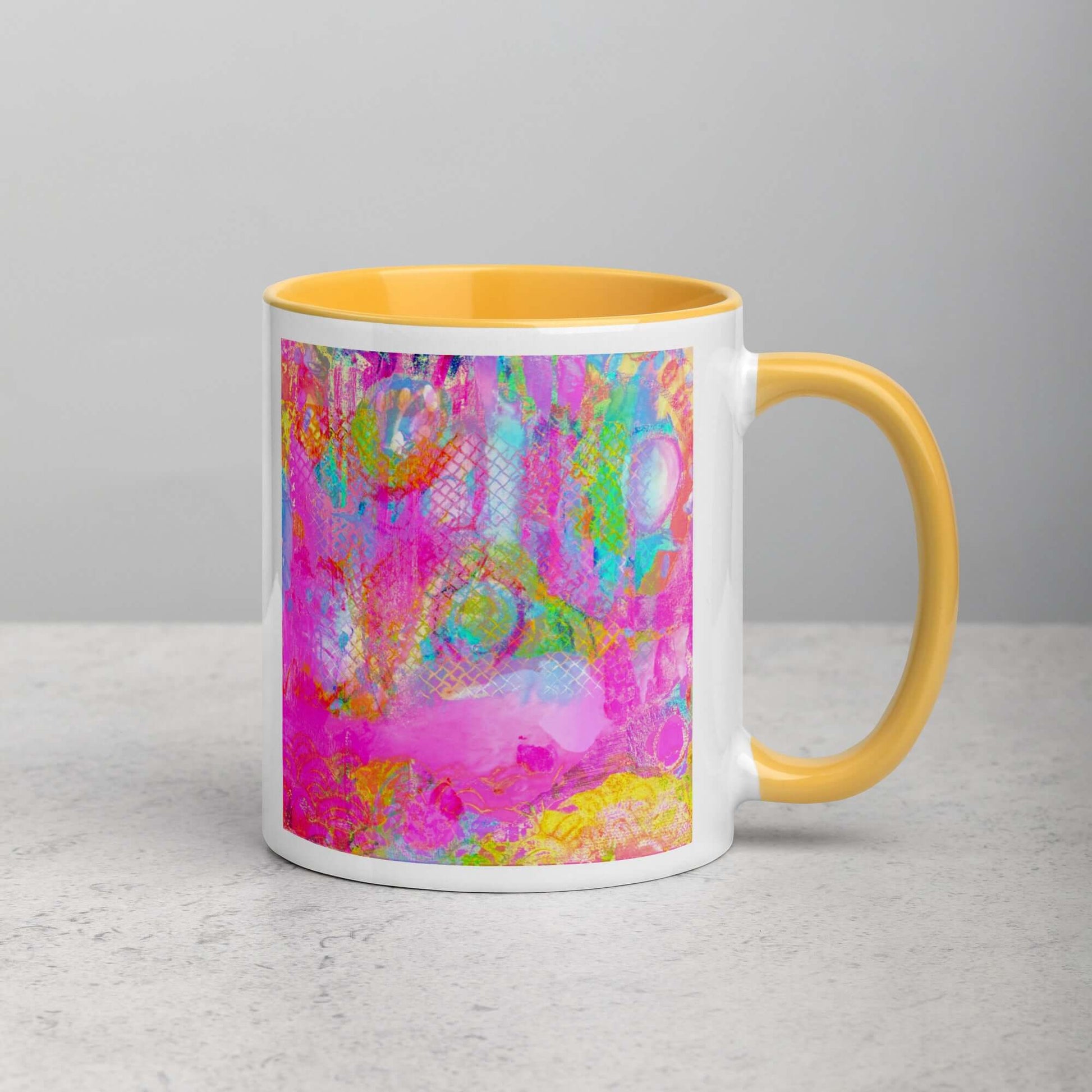  Drippy Pink “Candyland” Abstract Art Mug with Golden Yellow Color Inside Right Handed Front View