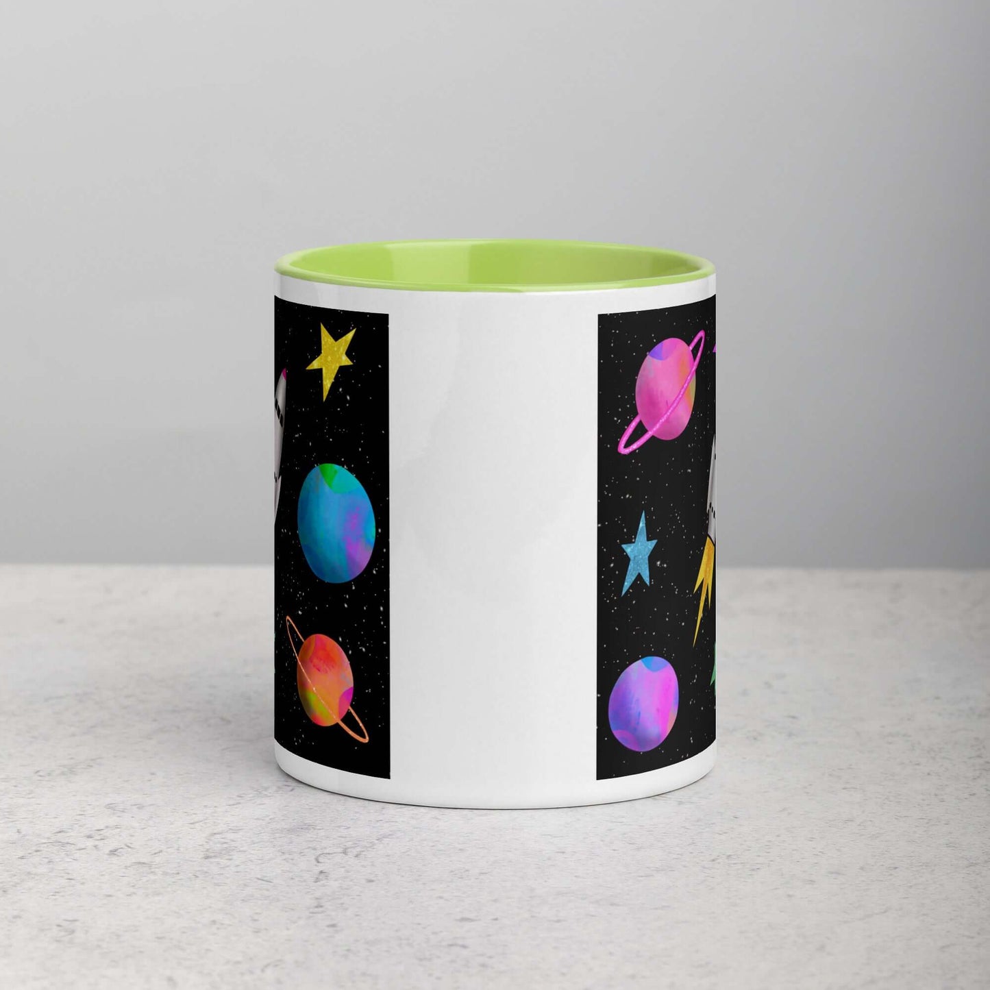 Whimsical Space Rocket with Colorful Planets and Stars on Black Background “Space Rockets” Mug with Lime Green Color Inside Side View