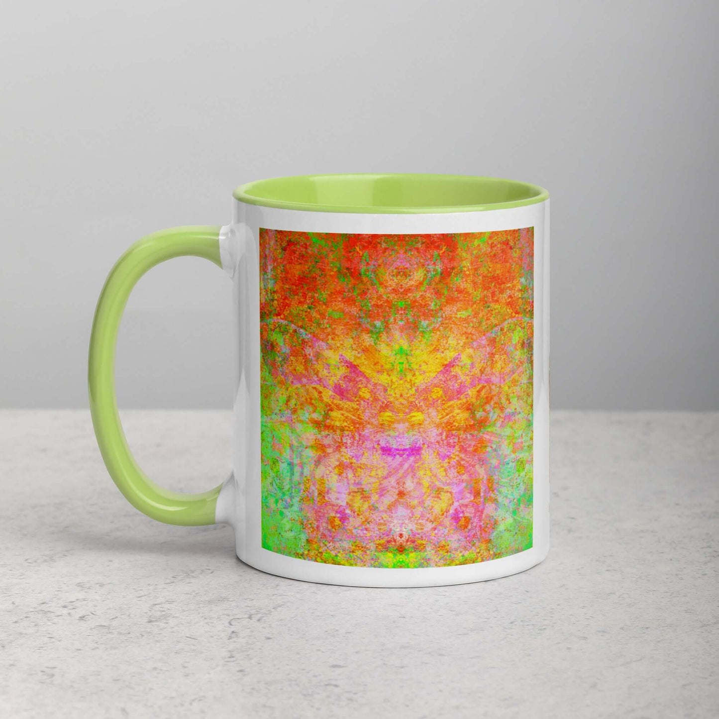 Green and Orange Butterfly Shaped “Firefly” Abstract Art Mug with Lime Green Color Inside Left Handed Front View