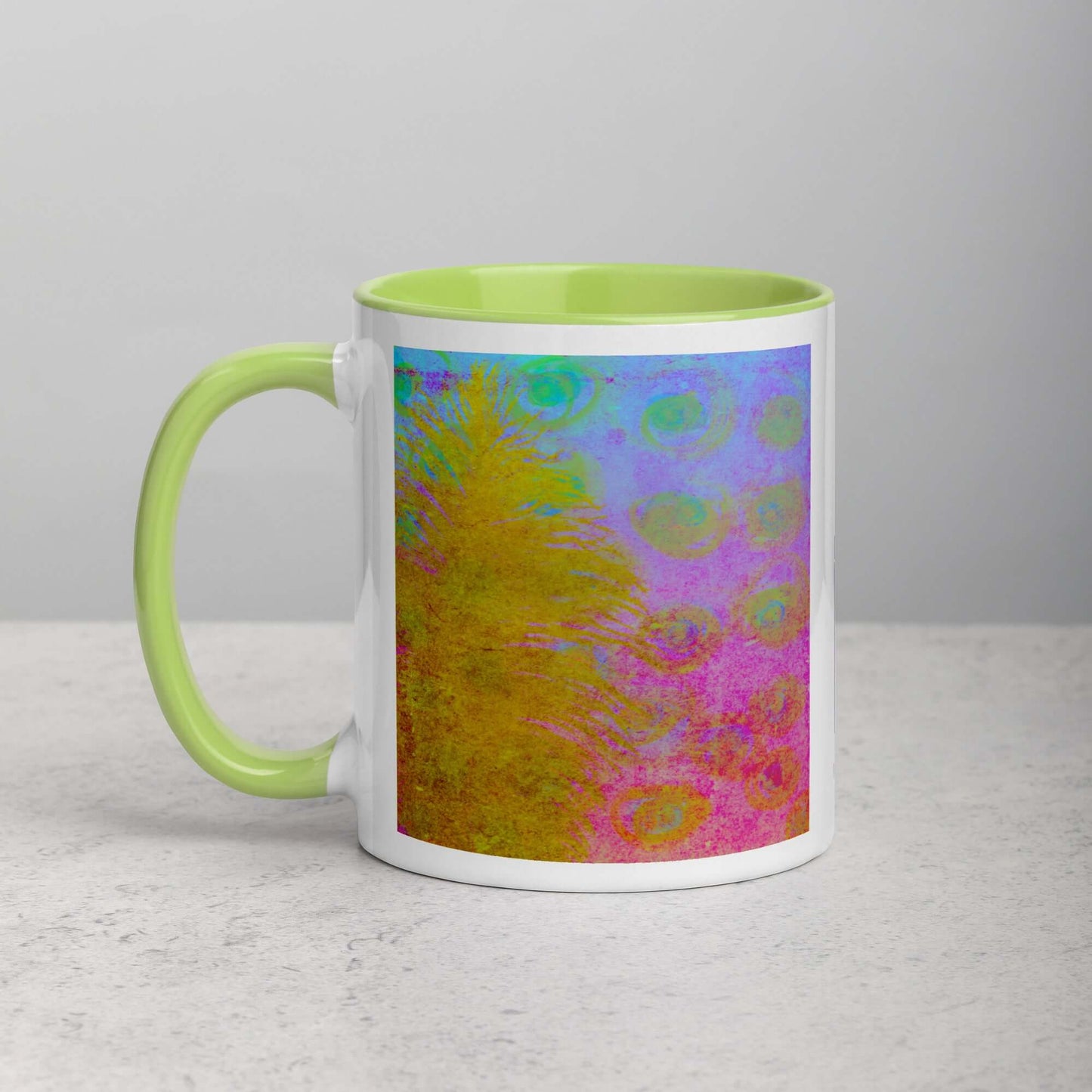 Golden Feather Pink and Blue “Fantasia” Abstract Art Mug with Lime Green Color Inside Left Handed Front View